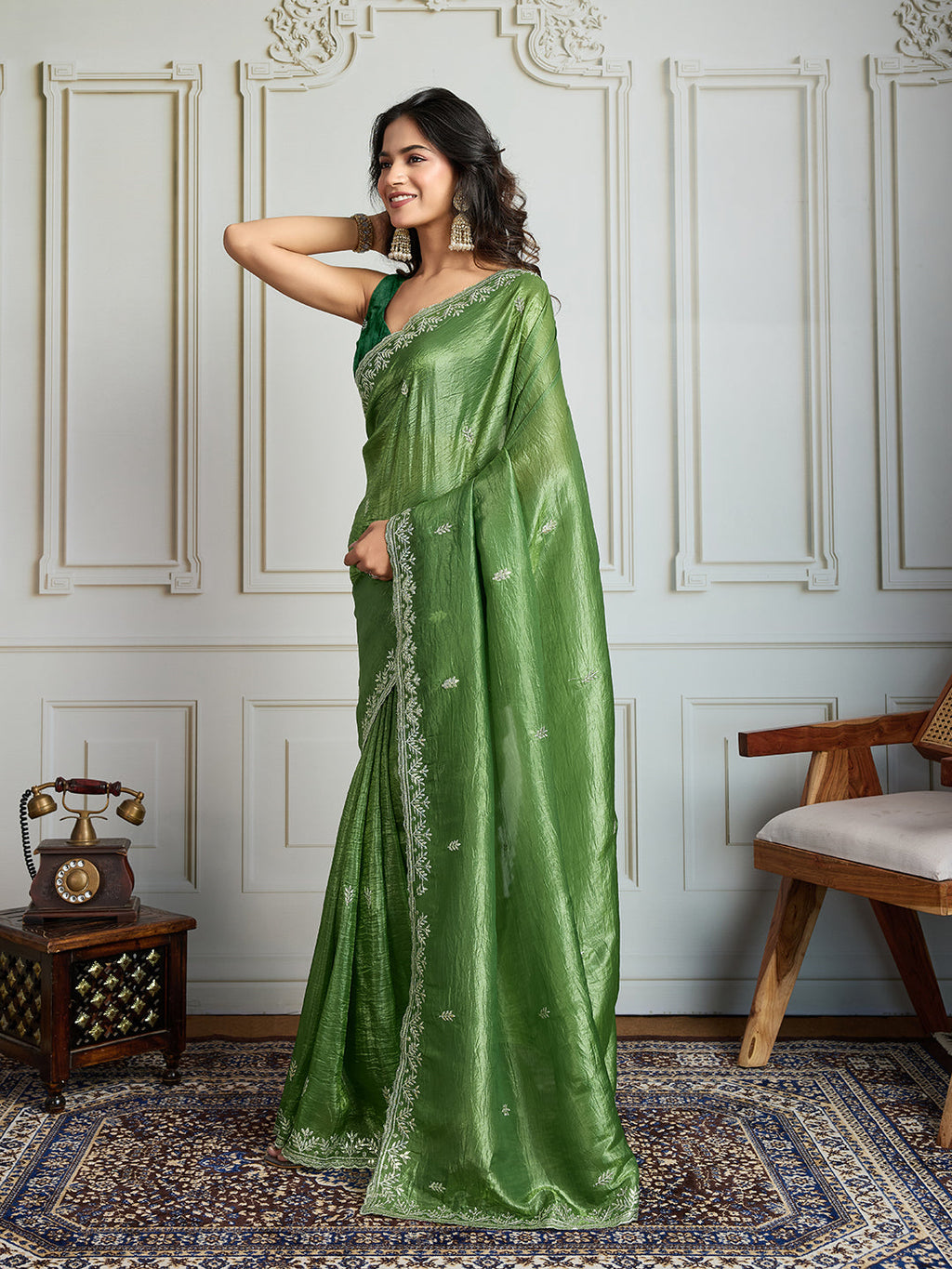 Jyoti Fashion Women's Parrot Green Gold Crush Embroidered Designer Saree with Blouse