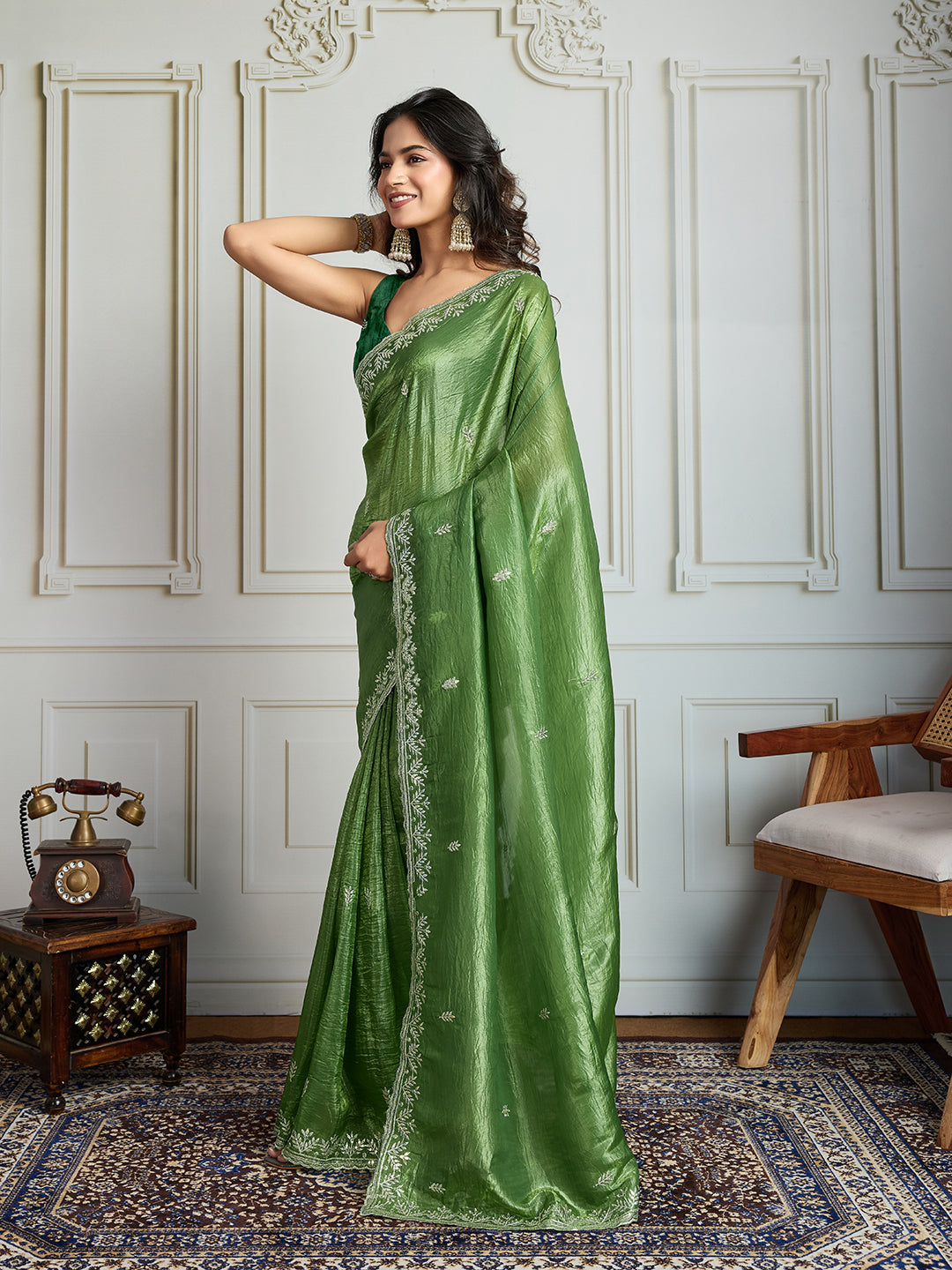 Jyoti Fashion Women's Parrot Green Gold Crush Embroidered Designer Saree with Blouse