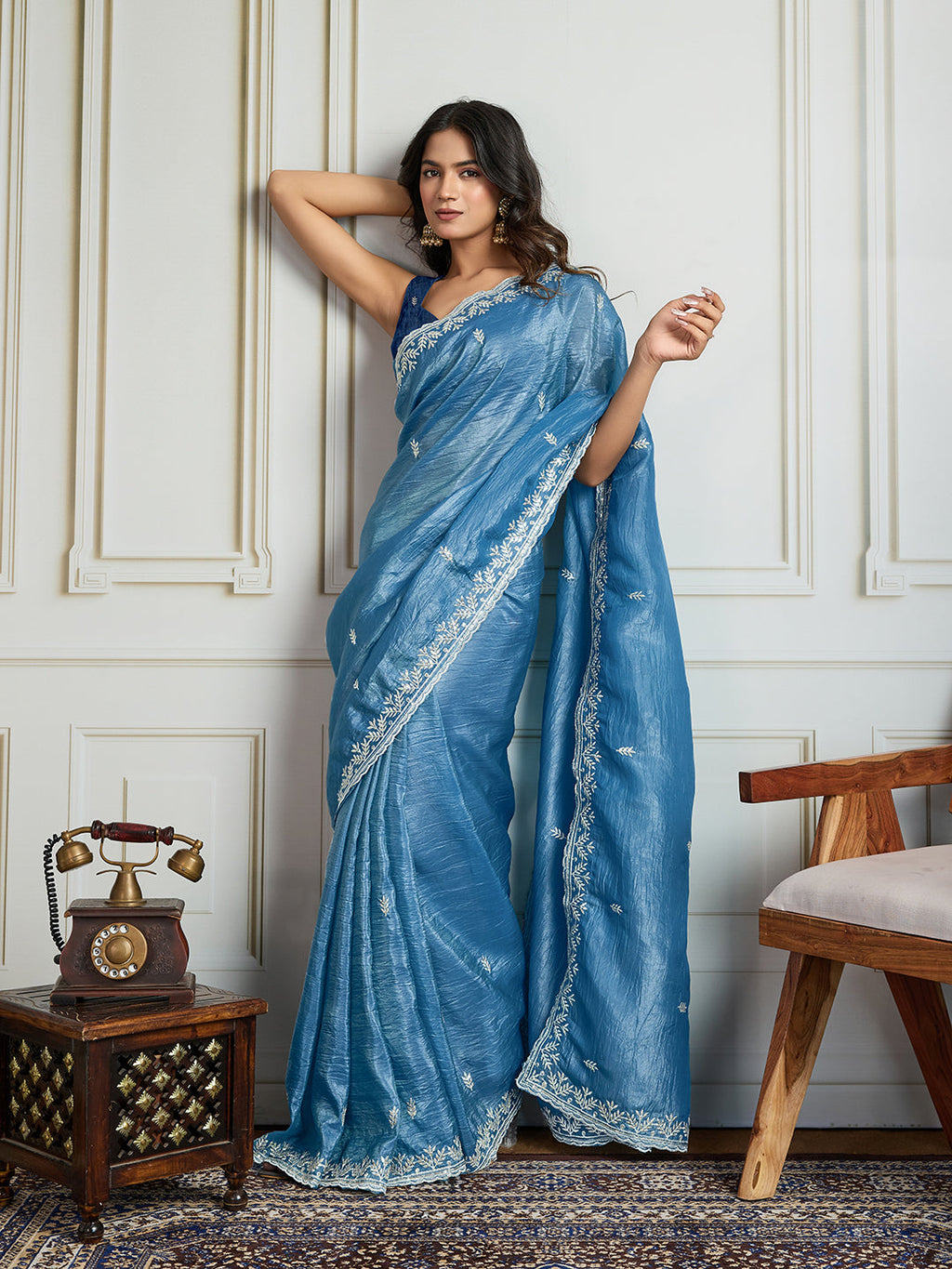 Jyoti Fashion Women's Rama Blue Gold Crush Embroidered Designer Saree with Blouse