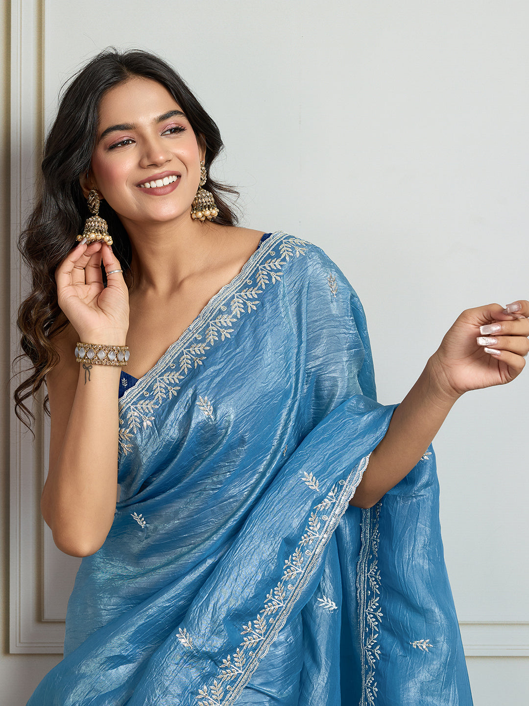 Jyoti Fashion Women's Rama Blue Gold Crush Embroidered Designer Saree with Blouse
