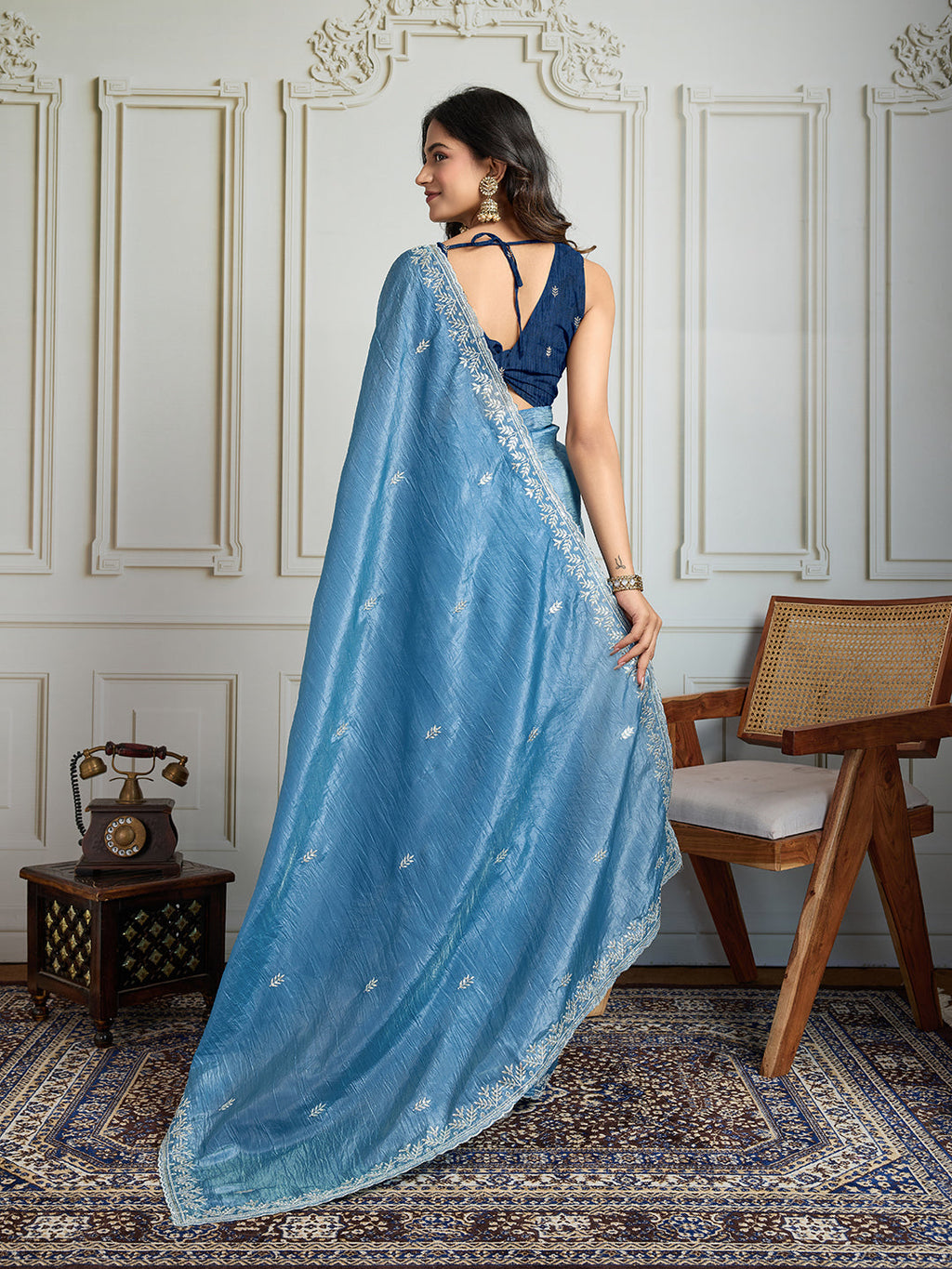Jyoti Fashion Women's Rama Blue Gold Crush Embroidered Designer Saree with Blouse