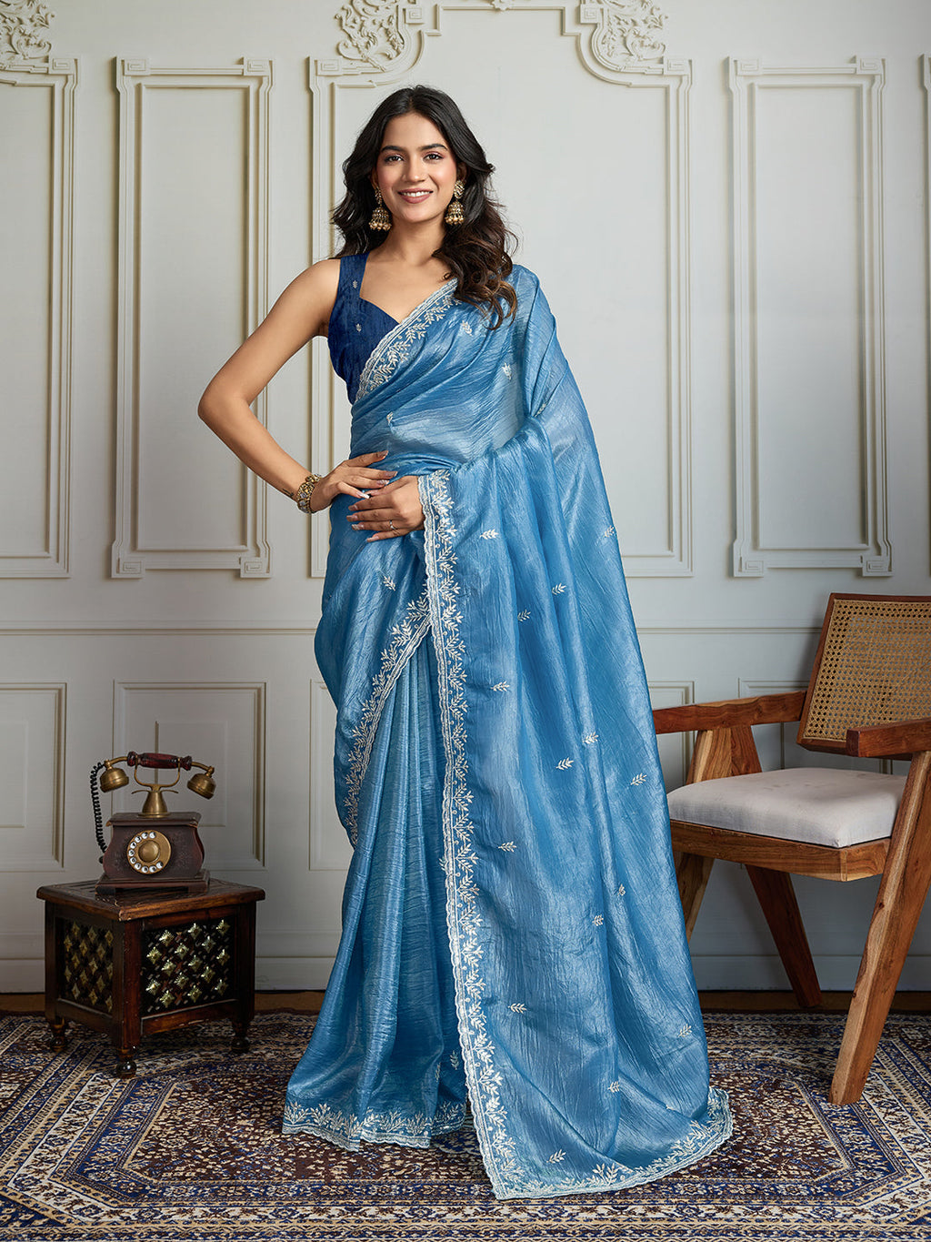 Jyoti Fashion Women's Rama Blue Gold Crush Embroidered Designer Saree with Blouse