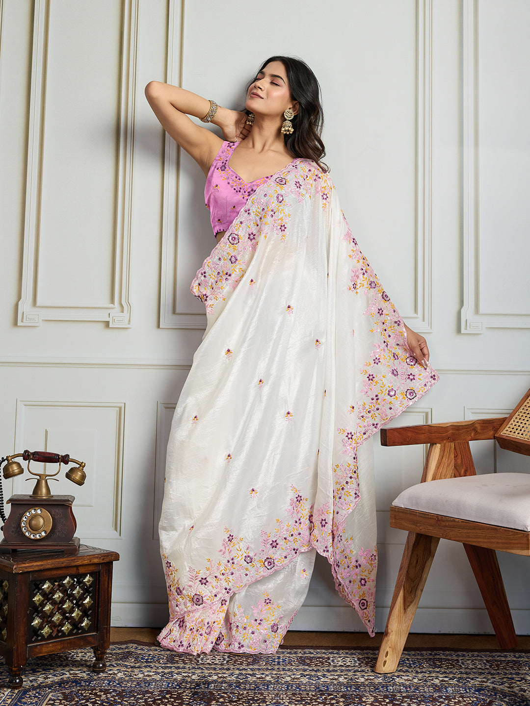 Jyoti Fashion Women's White Gold Crush Embroidered Designer Saree with Blouse