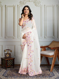 Jyoti Fashion Women's White Gold Crush Embroidered Designer Saree with Blouse