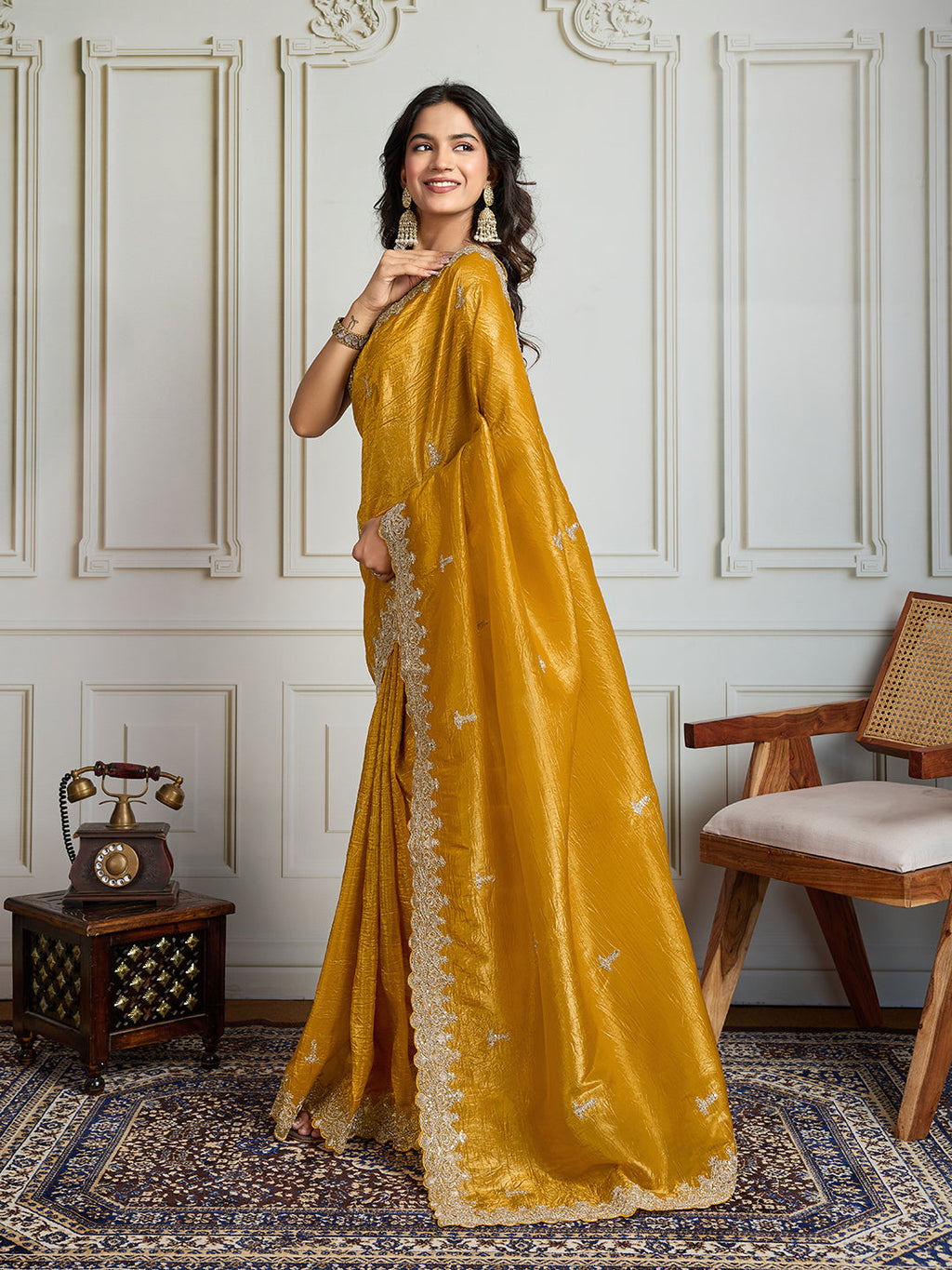 Jyoti Fashion Women's Yellow Satin Silk Embroidered Designer Saree with Blouse