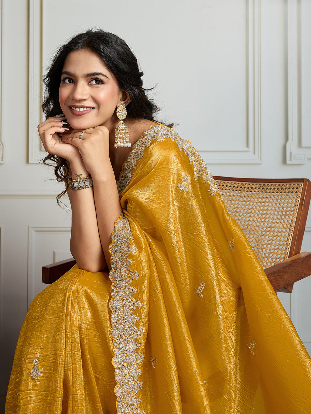Jyoti Fashion Women's Yellow Satin Silk Embroidered Designer Saree with Blouse
