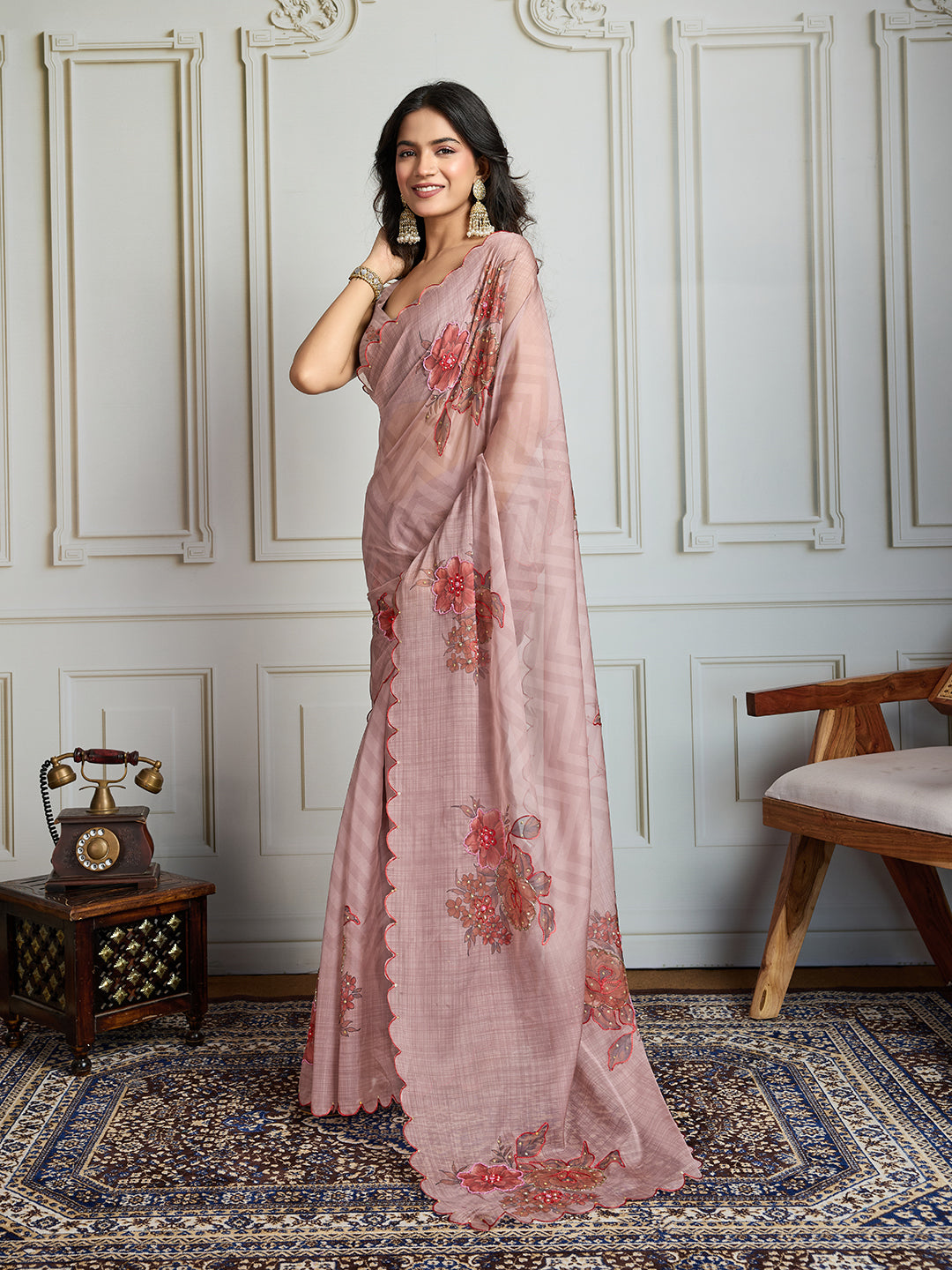 Jyoti Fashion Women's Beige Soft Tabby Organza Digital Printed Designer Saree with Blouse