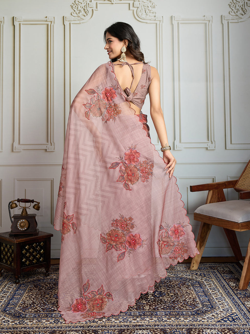 Jyoti Fashion Women's Beige Soft Tabby Organza Digital Printed Designer Saree with Blouse