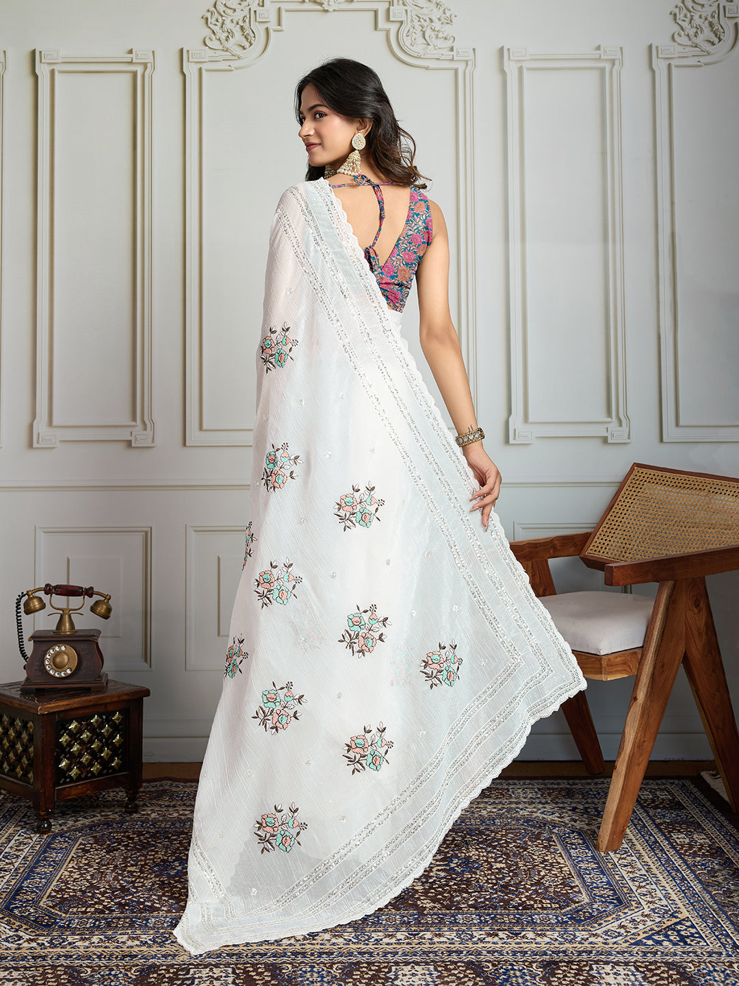 Jyoti Fashion Women's White Crush Organza Sequins Designer Saree with Blouse