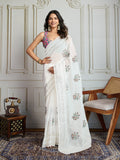 Jyoti Fashion Women's White Crush Organza Sequins Designer Saree with Blouse