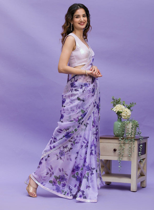 Jyoti Fashion Women's Purple Digital Print with Sequence Lace work Chinon Saree with Blouse