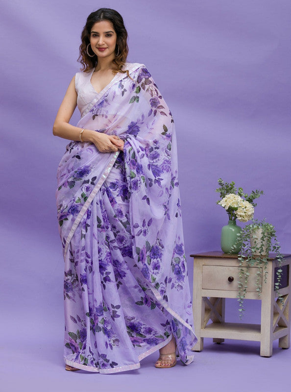 Jyoti Fashion Women's Purple Digital Print with Sequence Lace work Chinon Saree with Blouse