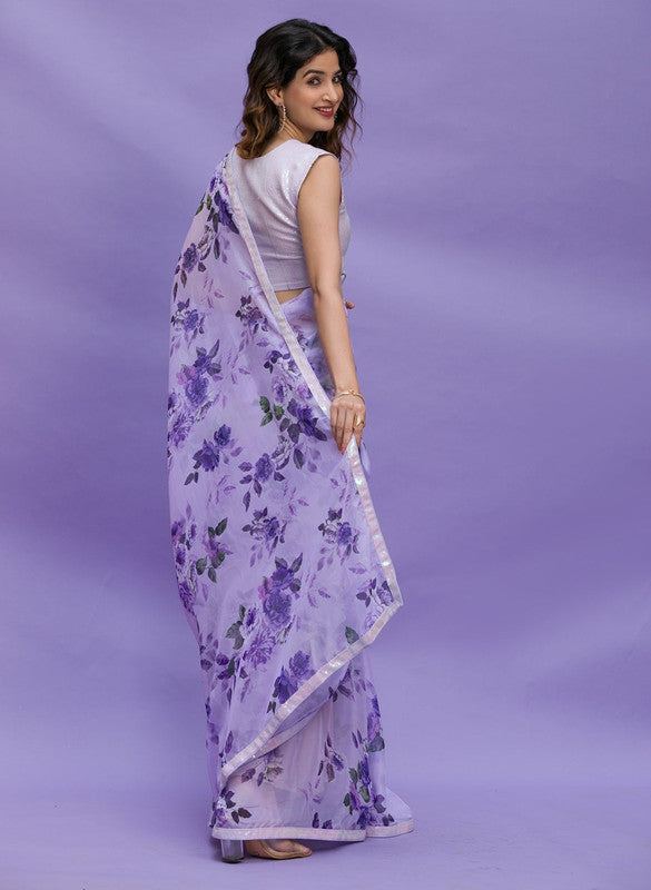 Jyoti Fashion Women's Purple Digital Print with Sequence Lace work Chinon Saree with Blouse