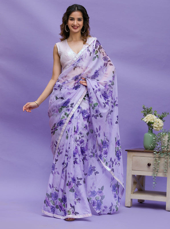 Jyoti Fashion Women's Purple Digital Print with Sequence Lace work Chinon Saree with Blouse