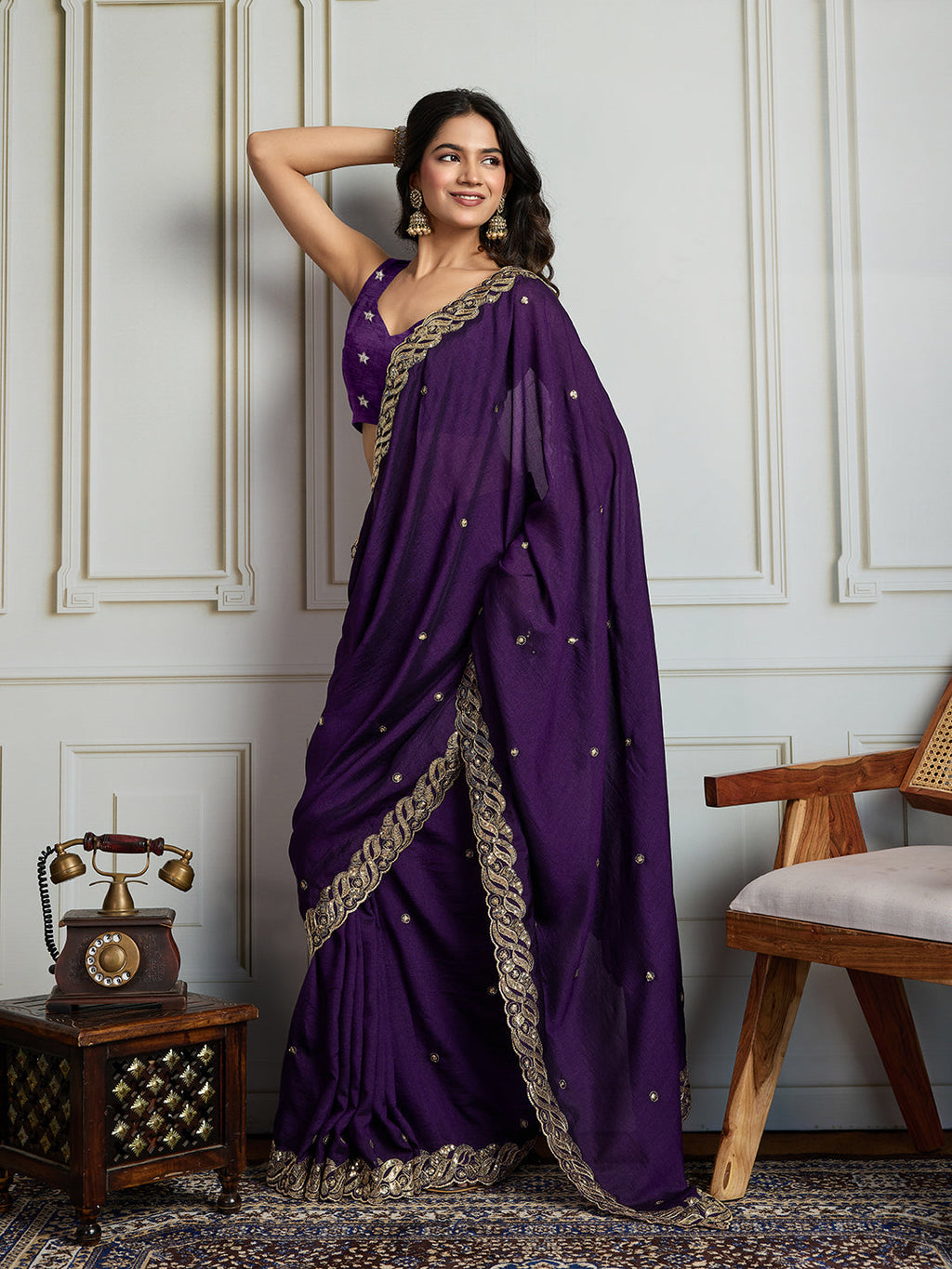 Jyoti Fashion Women's Purple Satin Silk Sequins Designer Saree with Blouse