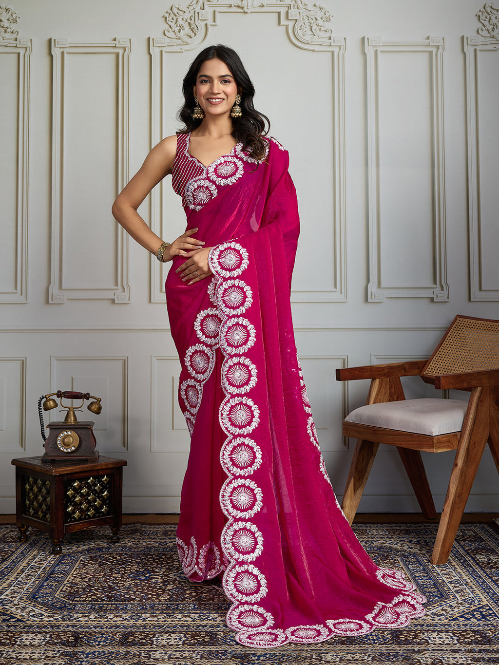 Jyoti Fashion Women's Pink Fandy Satin Embroidered Designer Saree with Blouse