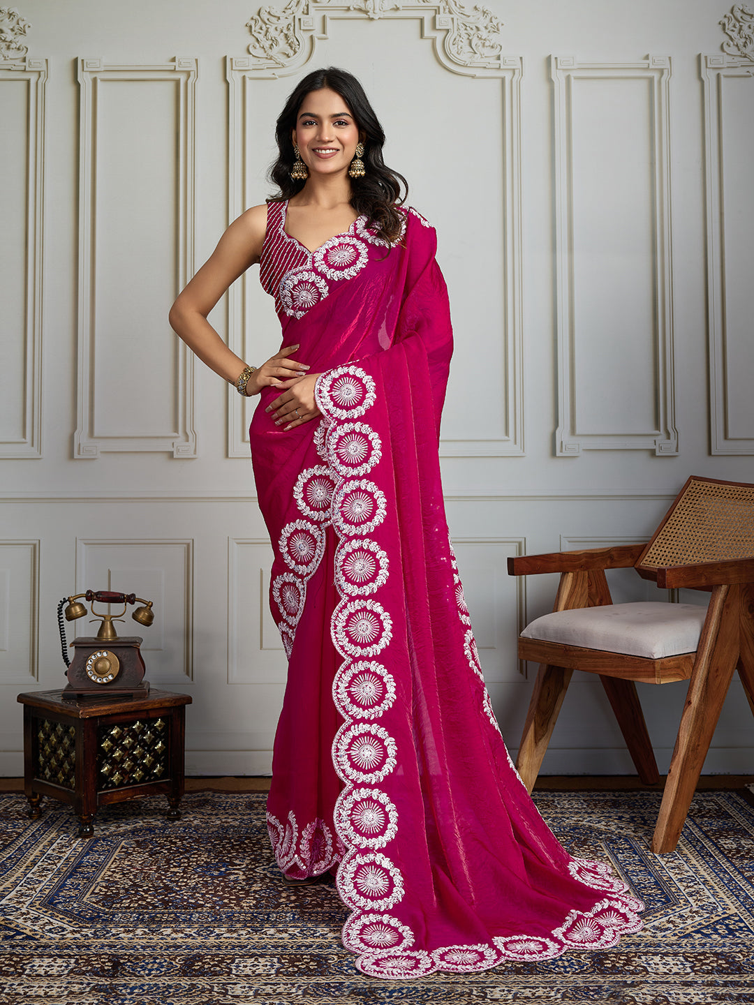 Jyoti Fashion Women's Pink Fandy Satin Embroidered Designer Saree with Blouse