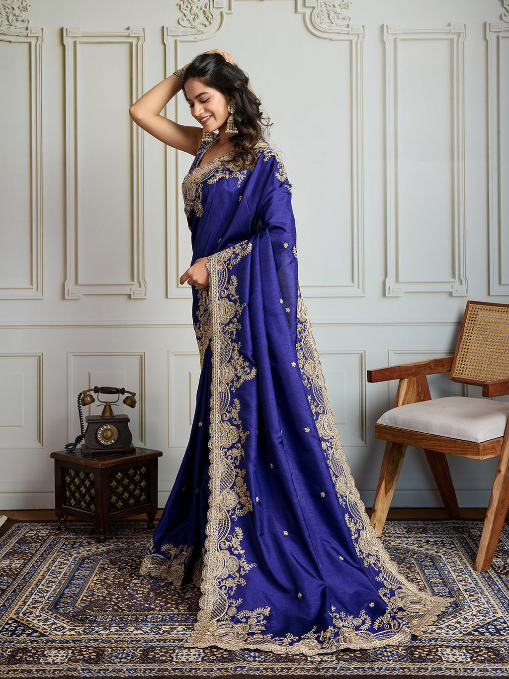 Jyoti Fashion Women's Blue Jimmy Choo Silk Embroidered Designer Saree with Blouse