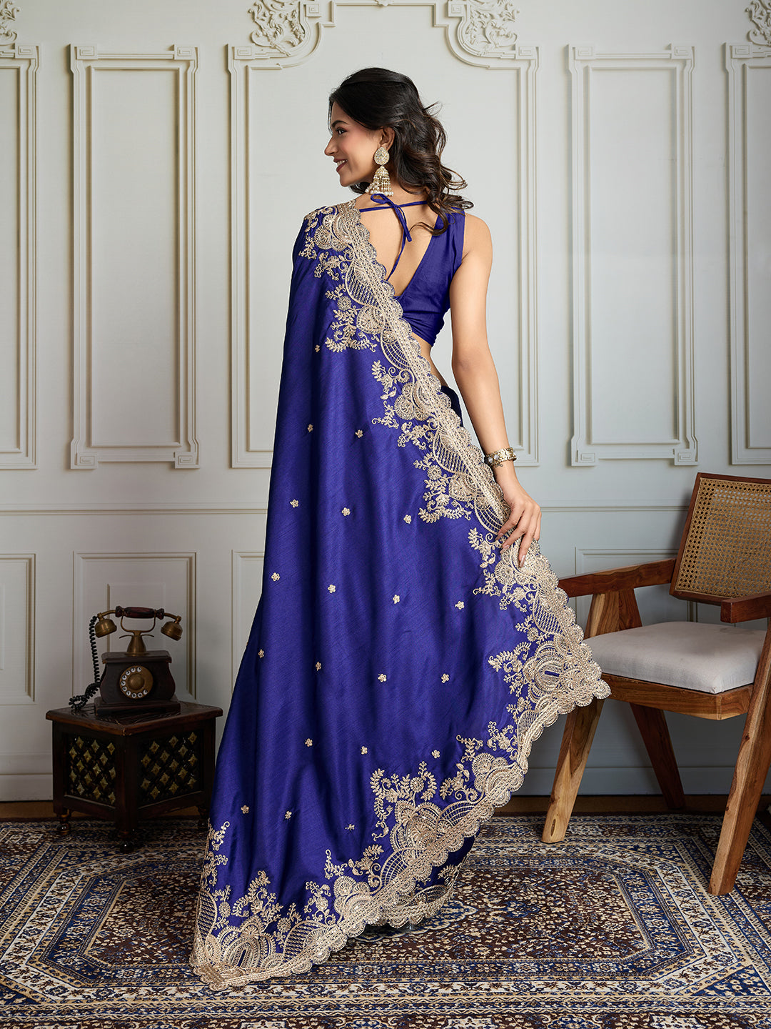 Jyoti Fashion Women's Blue Jimmy Choo Silk Embroidered Designer Saree with Blouse