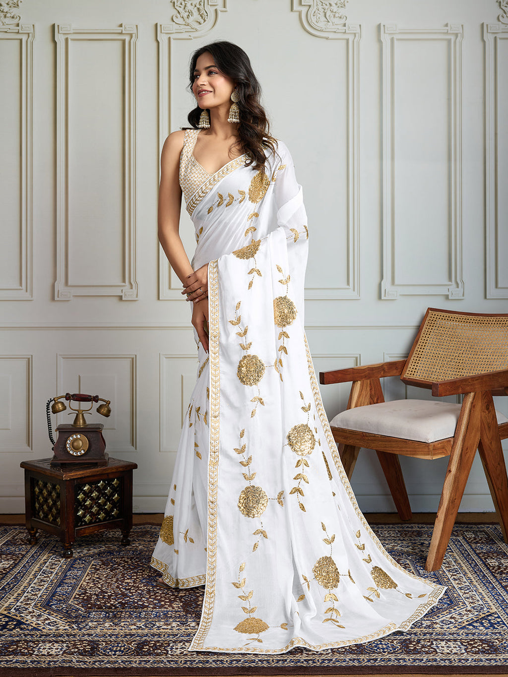 Jyoti Fashion Women's White Georgette Embroidered Designer Saree with Blouse