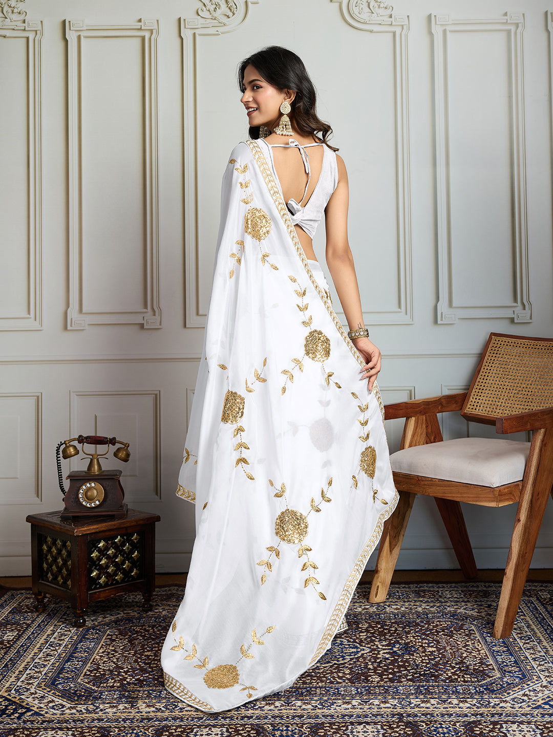 Jyoti Fashion Women's White Georgette Embroidered Designer Saree with Blouse