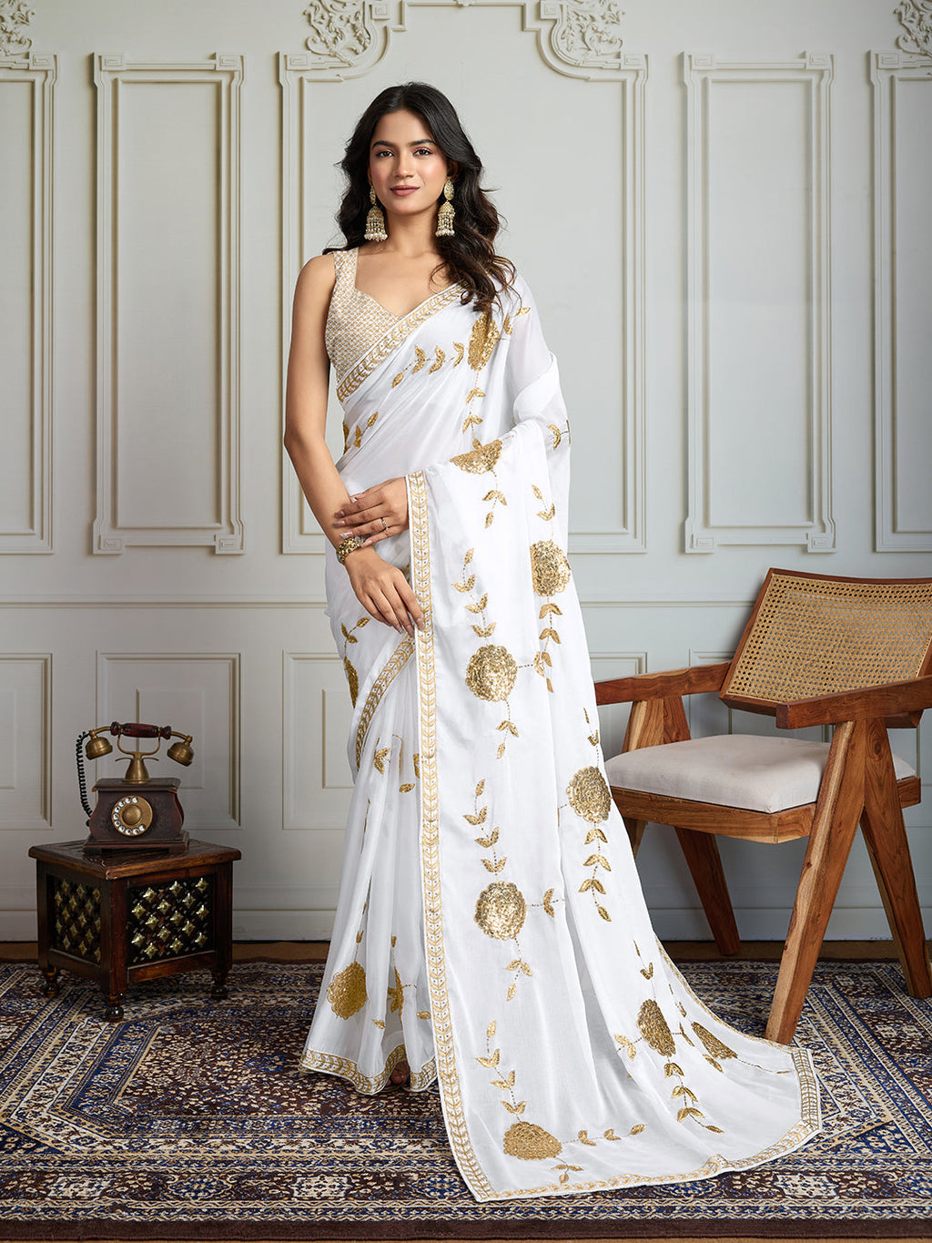 Jyoti Fashion Women's White Georgette Embroidered Designer Saree with Blouse