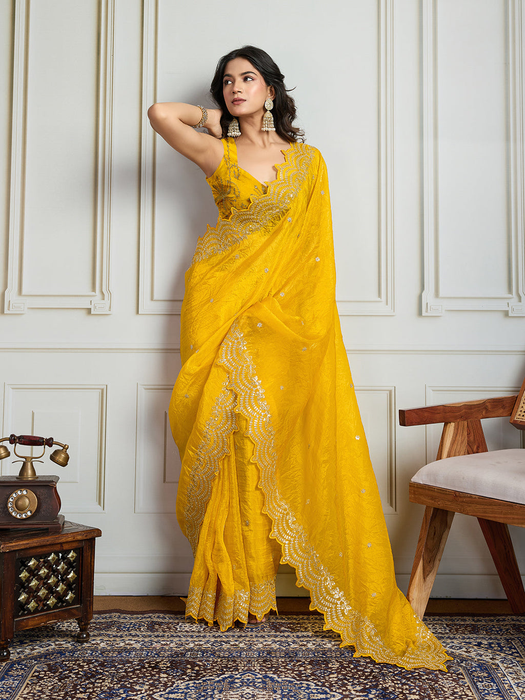 Jyoti Fashion Women's Yellow Gold Crush Silk Embroidered Designer Saree with Blouse