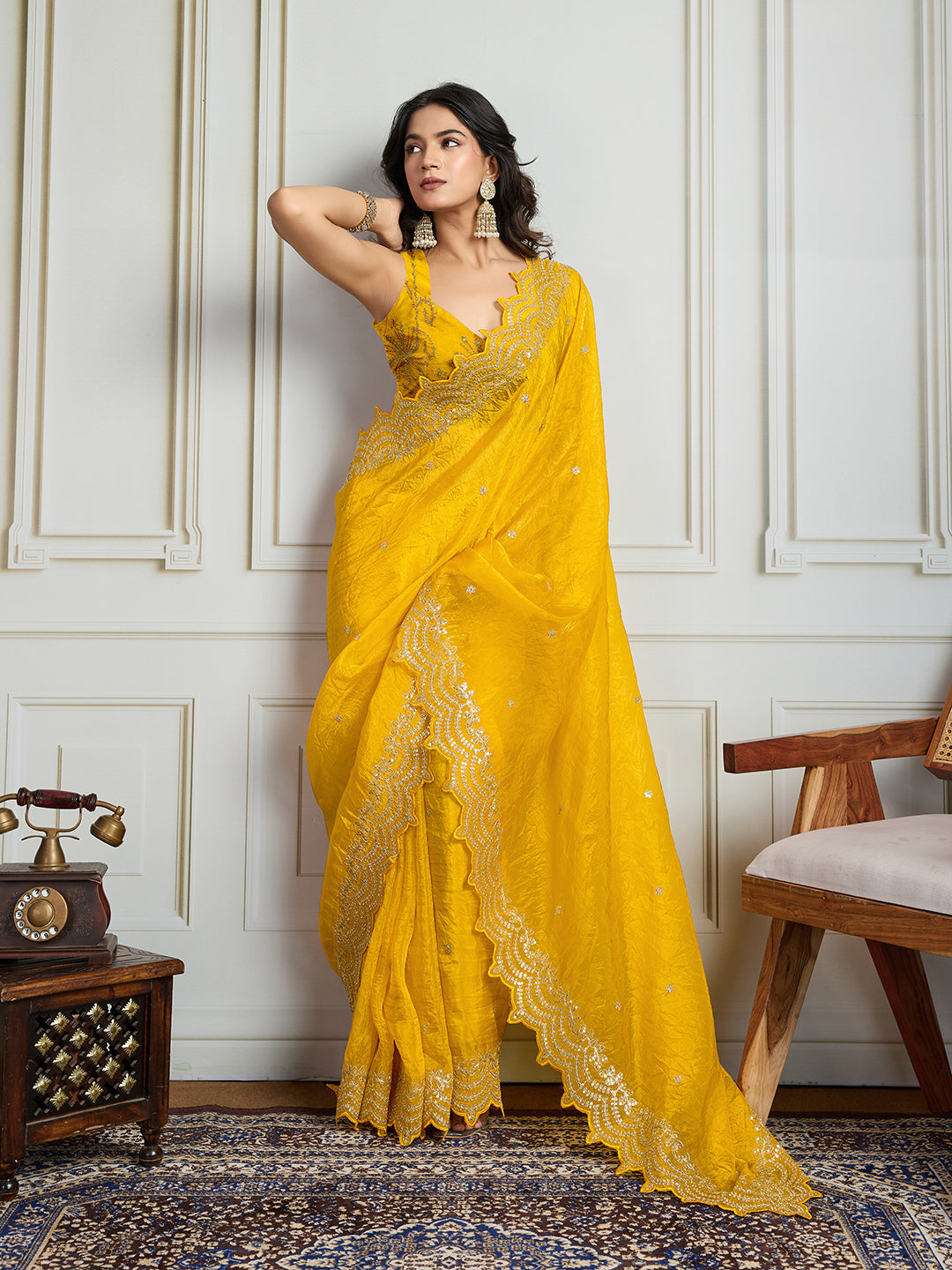Jyoti Fashion Women's Yellow Gold Crush Silk Embroidered Designer Saree with Blouse