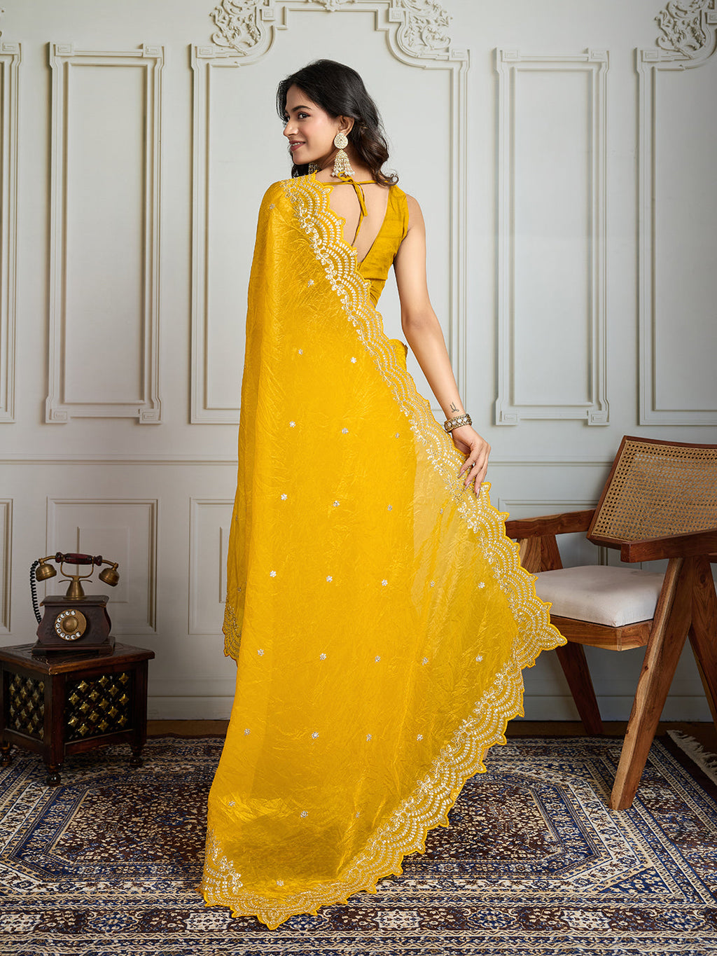 Jyoti Fashion Women's Yellow Gold Crush Silk Embroidered Designer Saree with Blouse