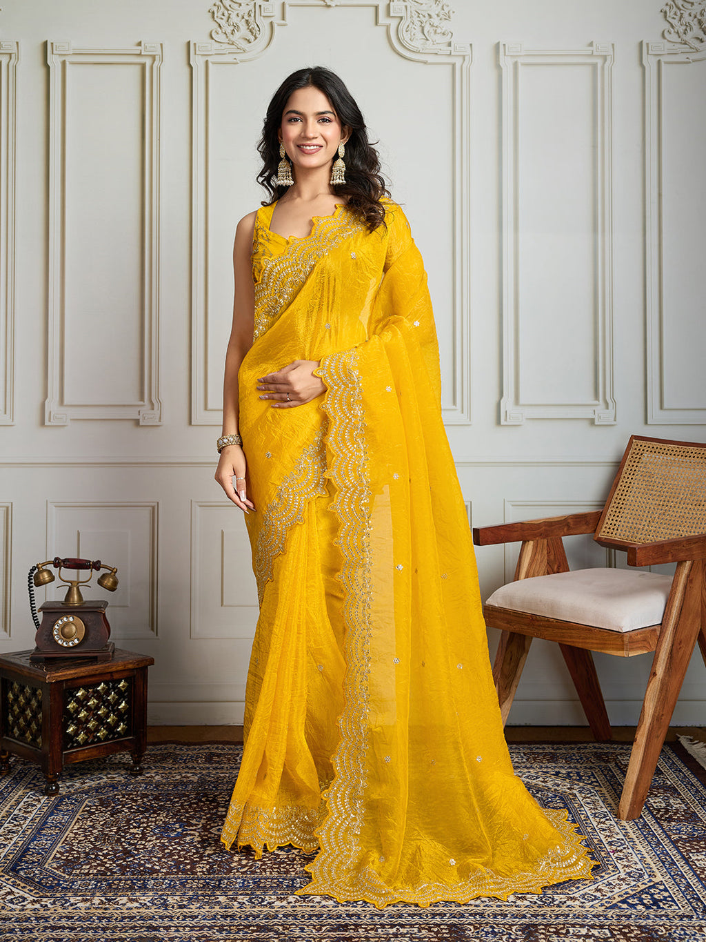 Jyoti Fashion Women's Yellow Gold Crush Silk Embroidered Designer Saree with Blouse