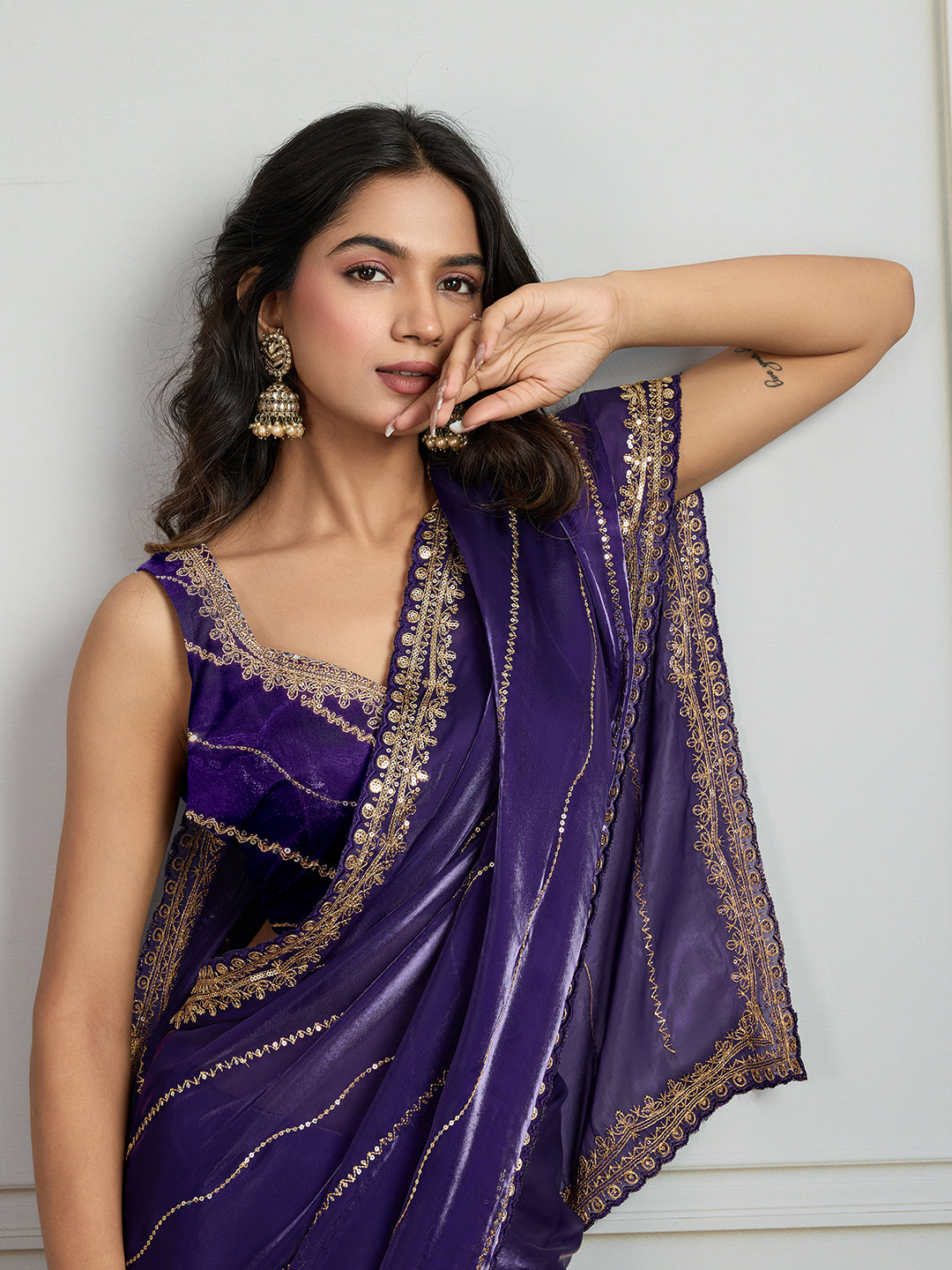 Jyoti Fashion Women's Purple Jimmy Choo Sequins Designer Saree with Blouse