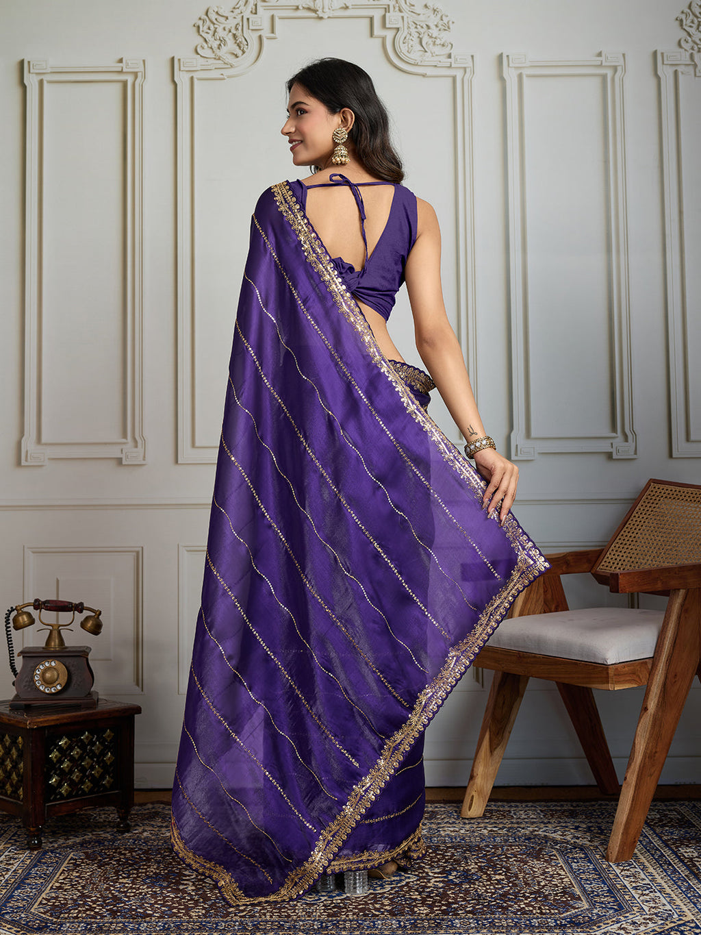 Jyoti Fashion Women's Purple Jimmy Choo Sequins Designer Saree with Blouse