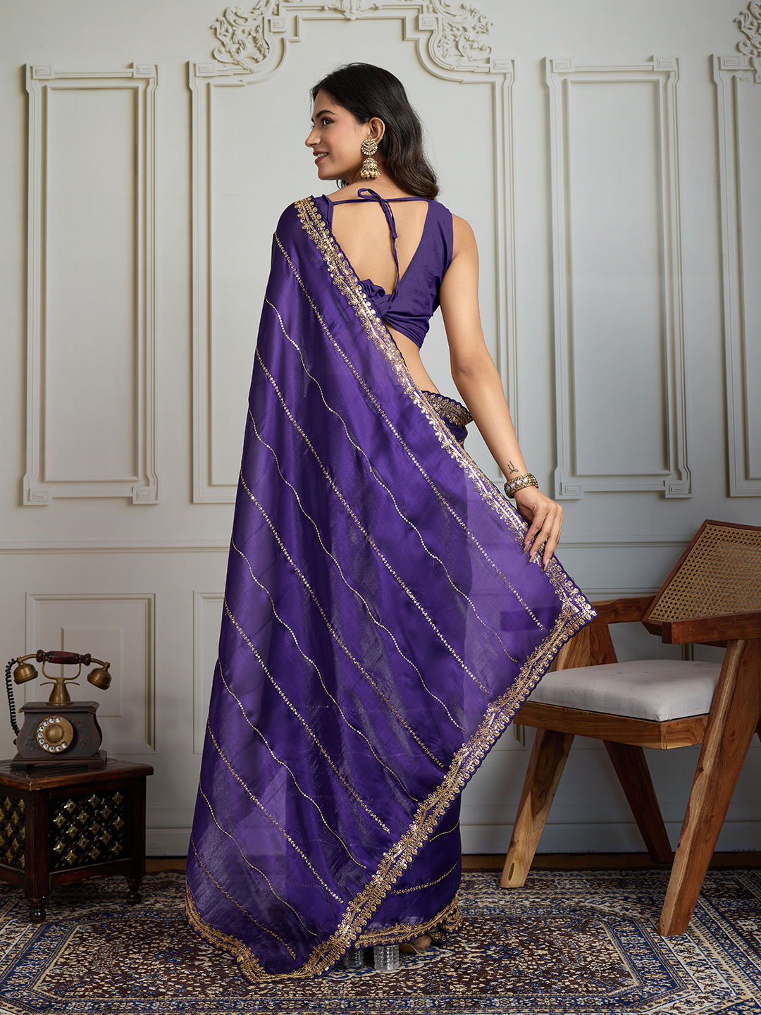 Jyoti Fashion Women's Purple Jimmy Choo Sequins Designer Saree with Blouse