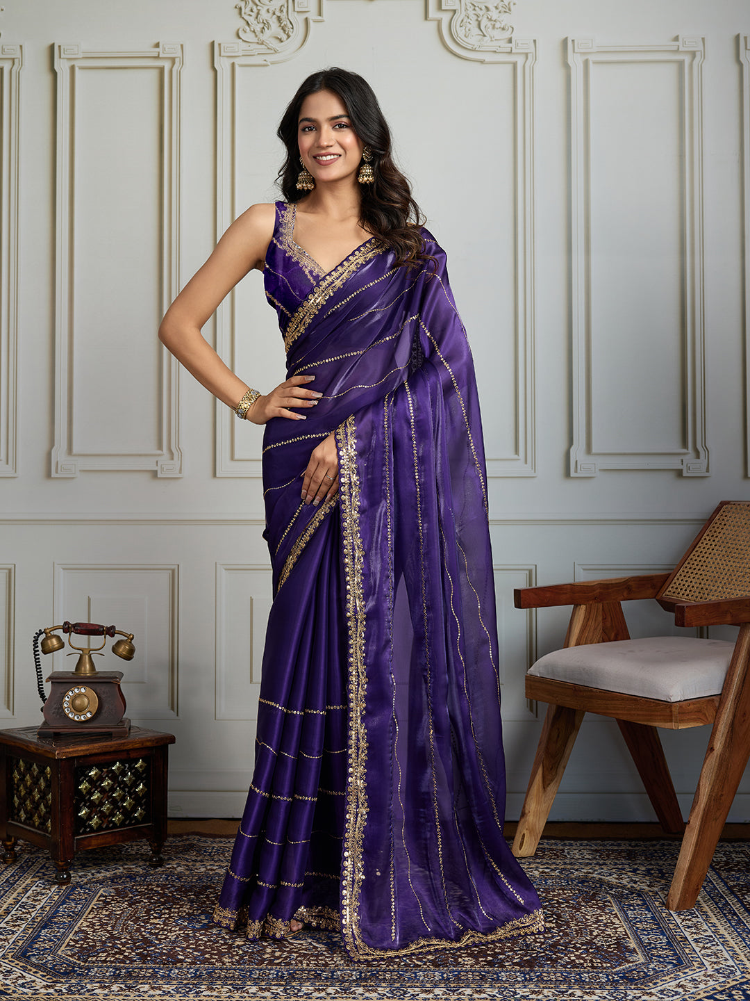 Jyoti Fashion Women's Purple Jimmy Choo Sequins Designer Saree with Blouse