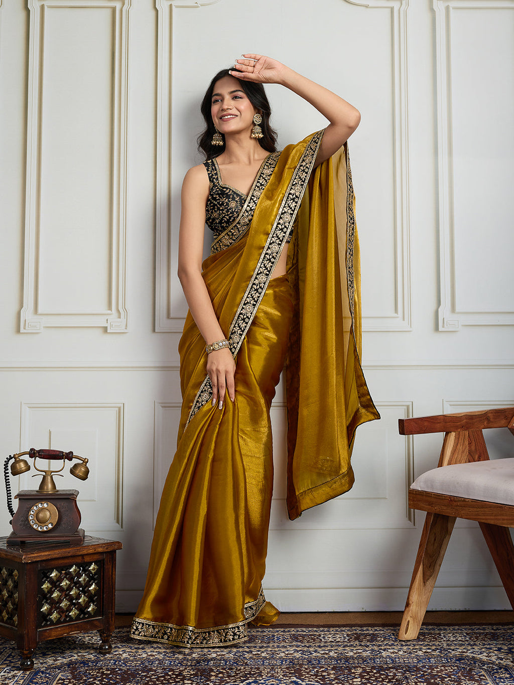 Jyoti Fashion Women's Mustard Satin Silk Embroidered Designer Saree with Blouse
