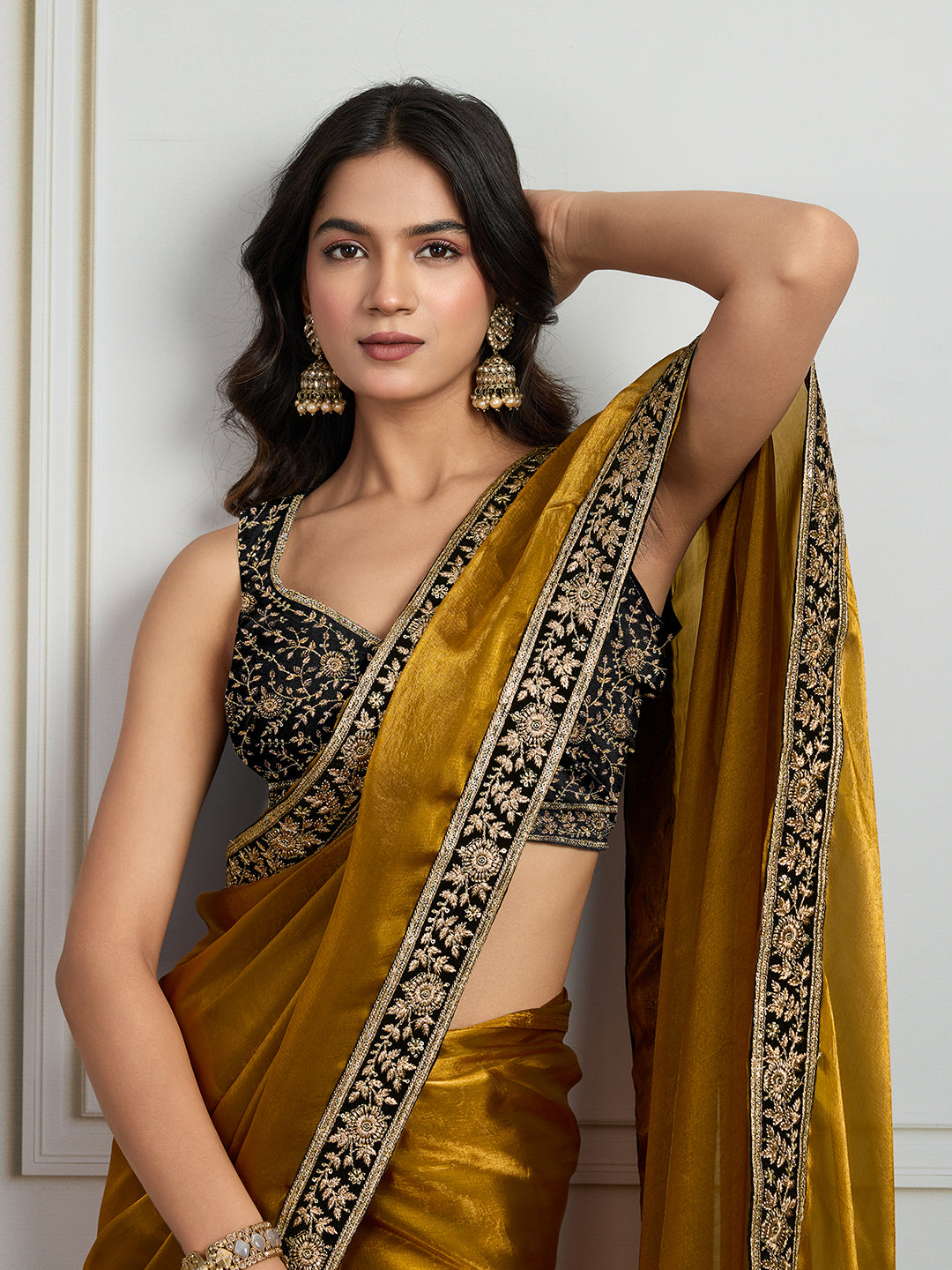 Jyoti Fashion Women's Mustard Satin Silk Embroidered Designer Saree with Blouse