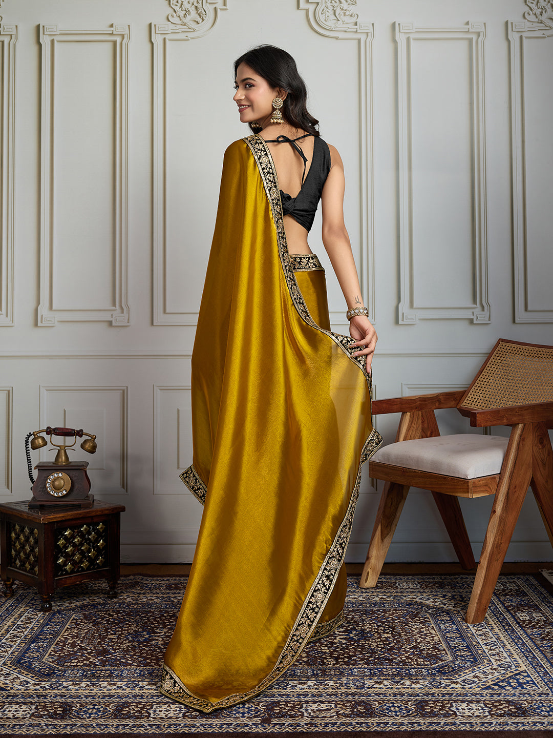 Jyoti Fashion Women's Mustard Satin Silk Embroidered Designer Saree with Blouse