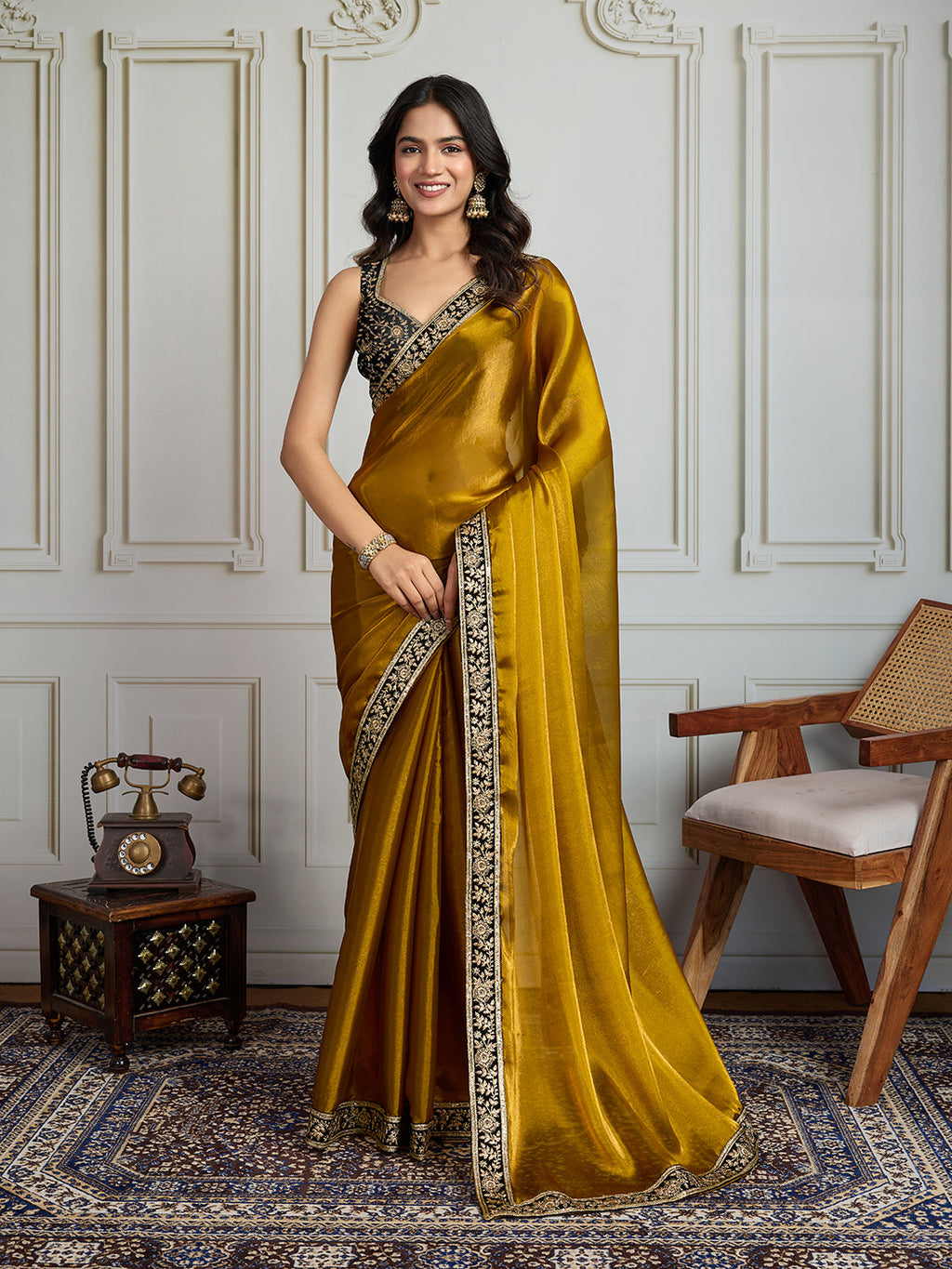 Jyoti Fashion Women's Mustard Satin Silk Embroidered Designer Saree with Blouse