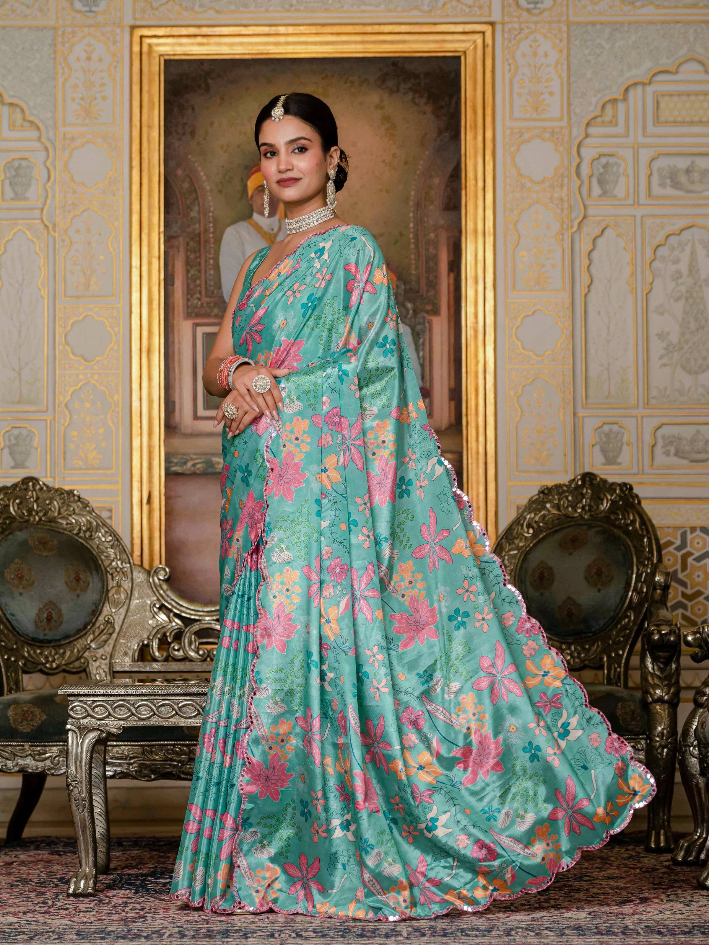 Jyoti Fashion Women's Sea Green Chinon Digital Print with Mirror Saree with Blouse