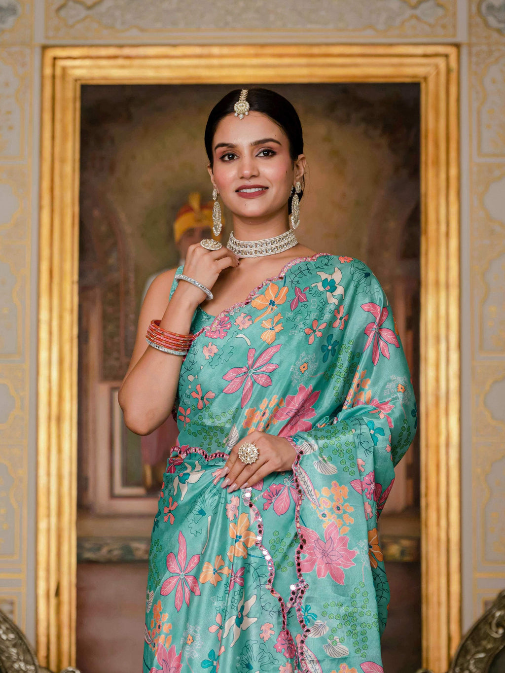 Jyoti Fashion Women's Sea Green Chinon Digital Print with Mirror Saree with Blouse