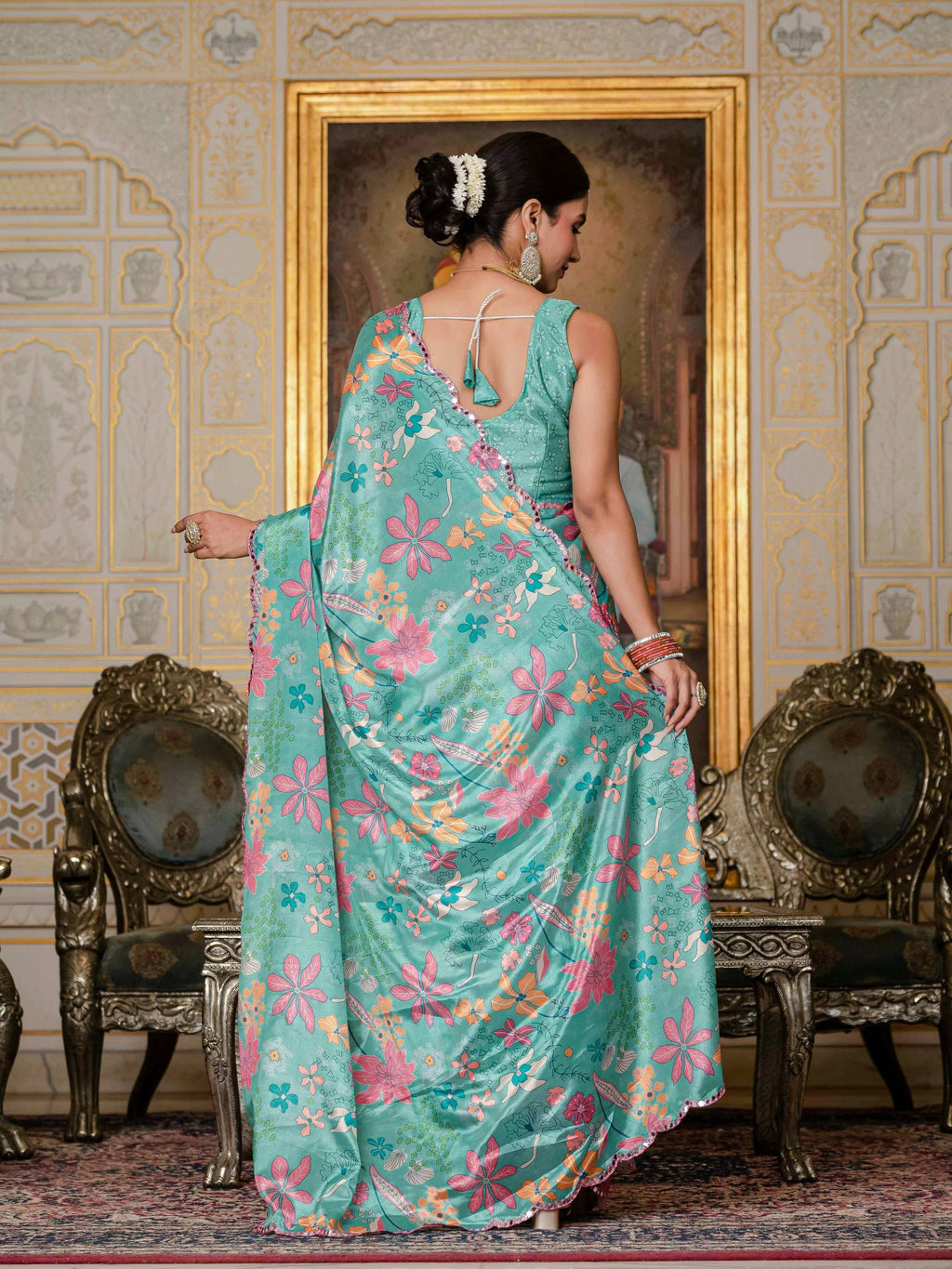 Jyoti Fashion Women's Sea Green Chinon Digital Print with Mirror Saree with Blouse