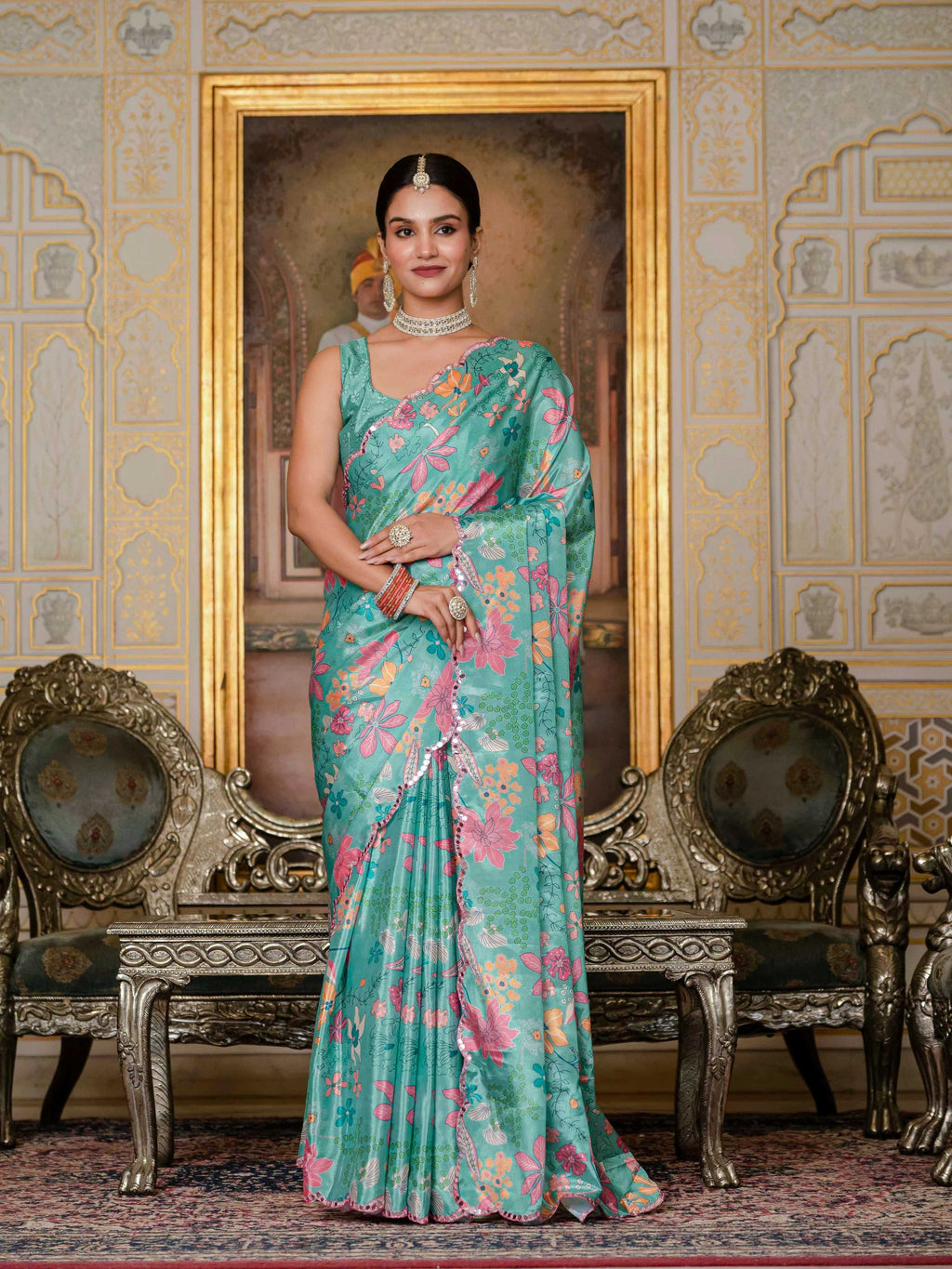 Jyoti Fashion Women's Sea Green Chinon Digital Print with Mirror Saree with Blouse