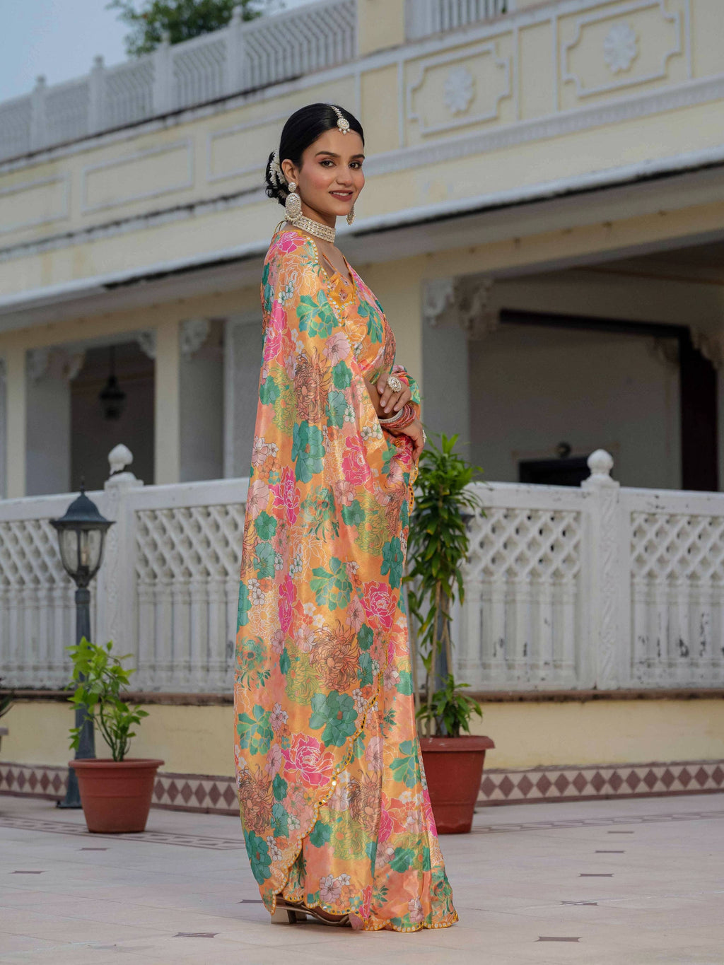 Jyoti Fashion Women's Multicolor Chinon Digital Print with Mirror Saree with Blouse