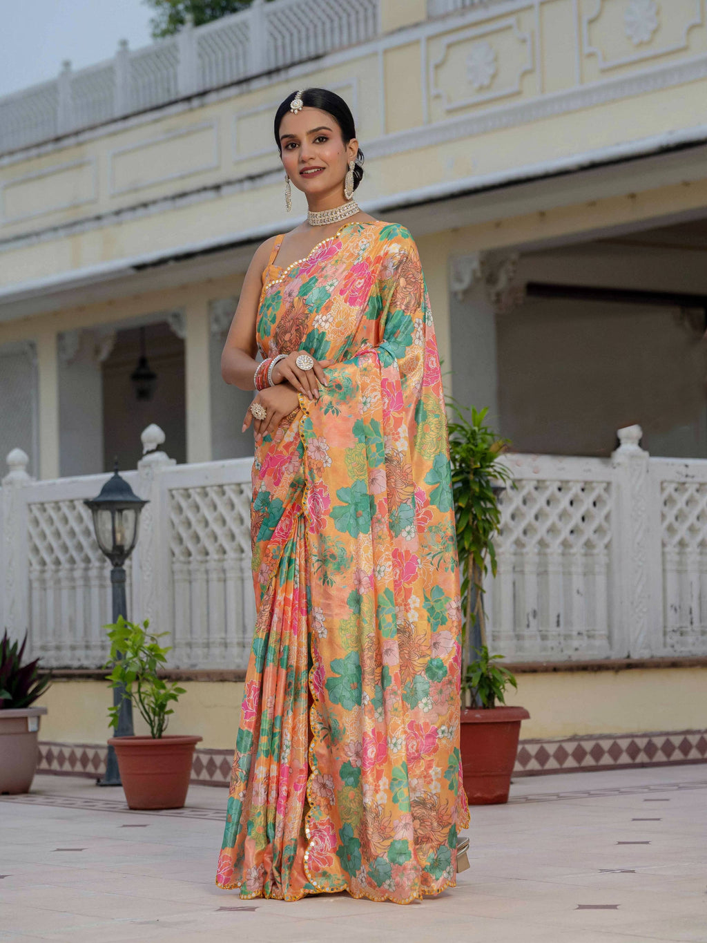 Jyoti Fashion Women's Multicolor Chinon Digital Print with Mirror Saree with Blouse