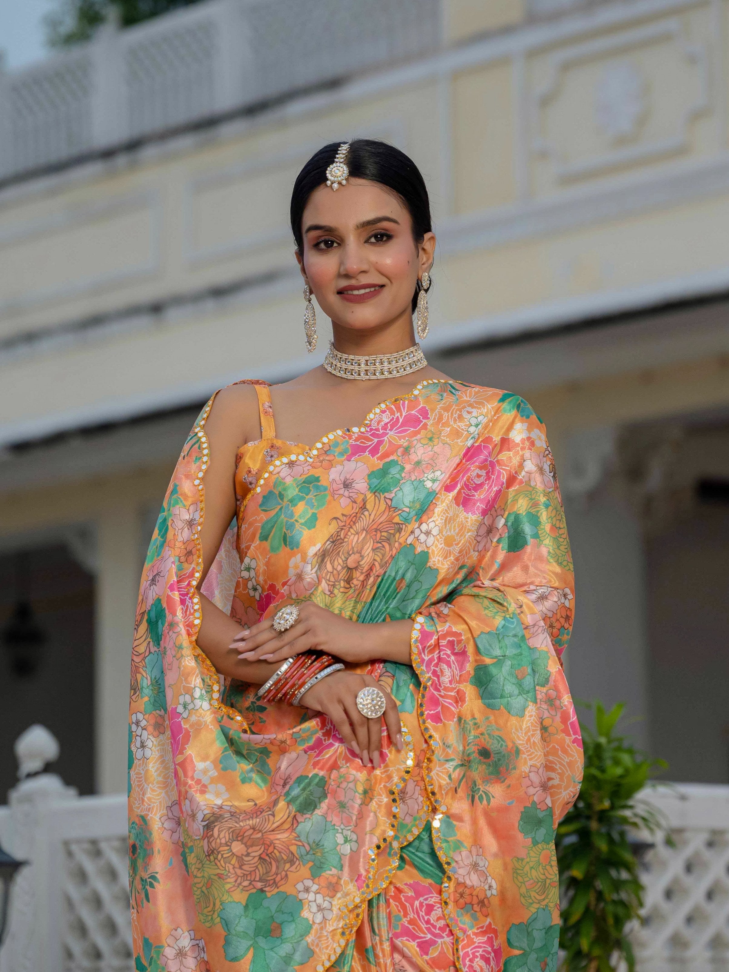 Jyoti Fashion Women's Multicolor Chinon Digital Print with Mirror Saree with Blouse