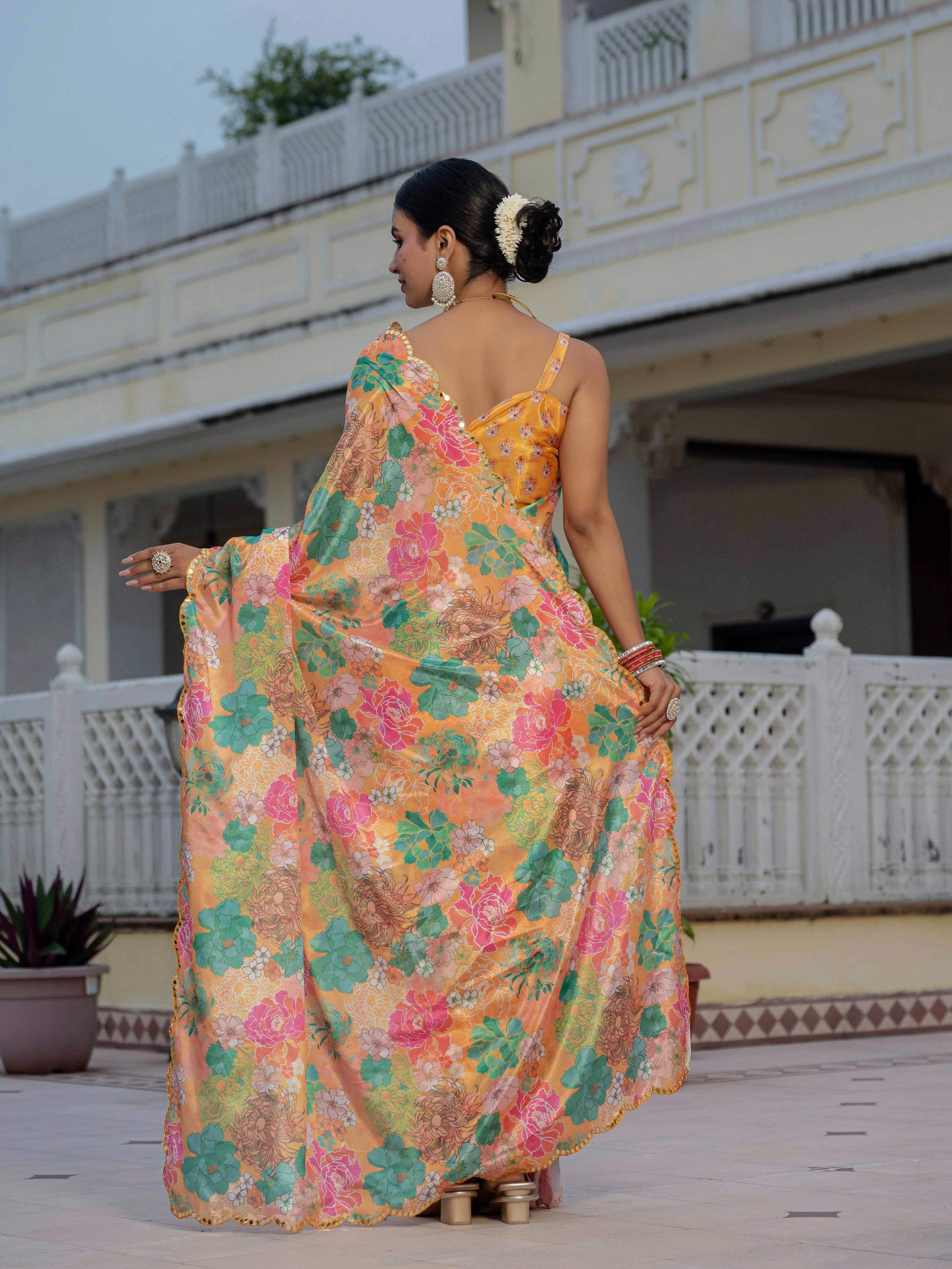 Jyoti Fashion Women's Multicolor Chinon Digital Print with Mirror Saree with Blouse