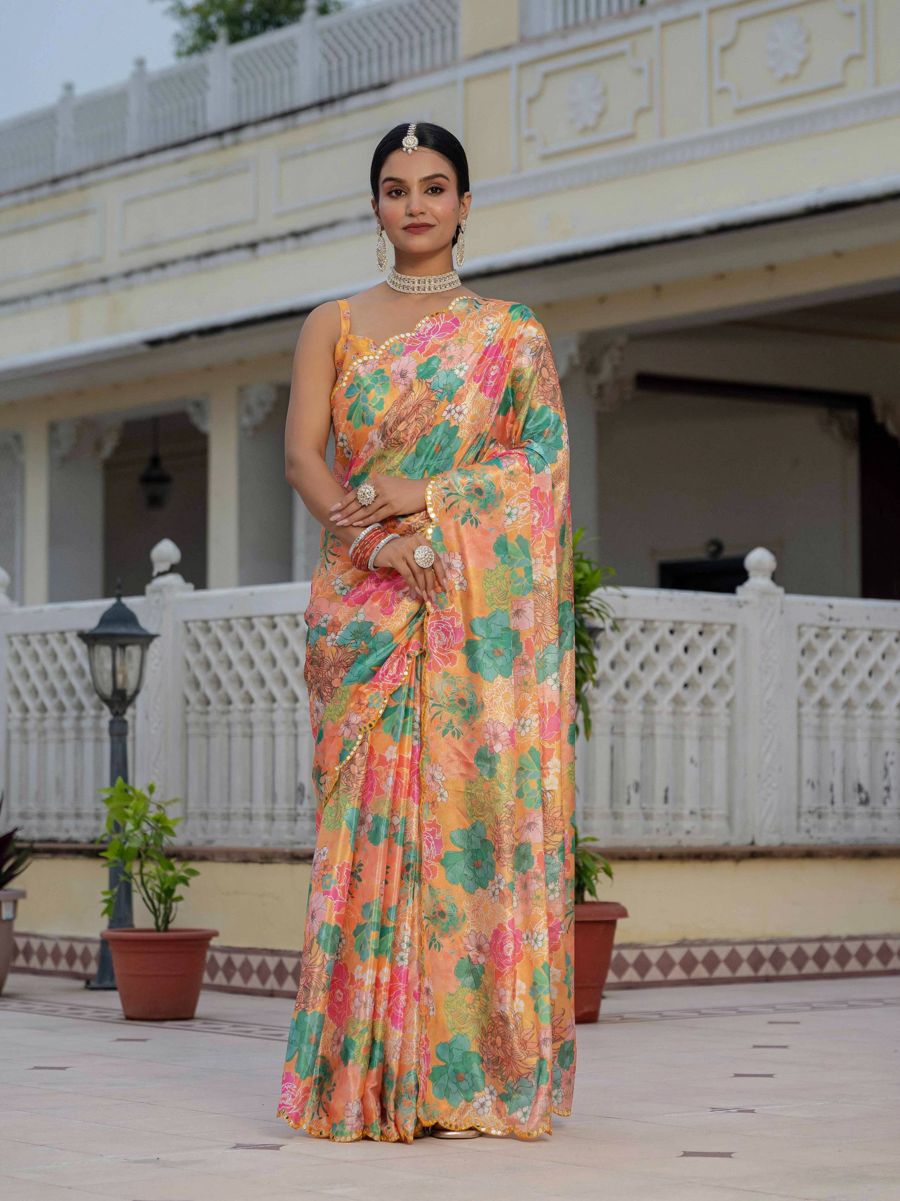 Jyoti Fashion Women's Multicolor Chinon Digital Print with Mirror Saree with Blouse