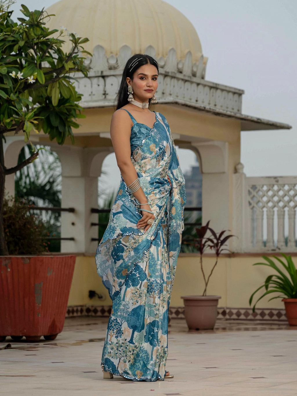 Jyoti Fashion Morpich Chinon Digital Print with Mirror Saree with Blouse