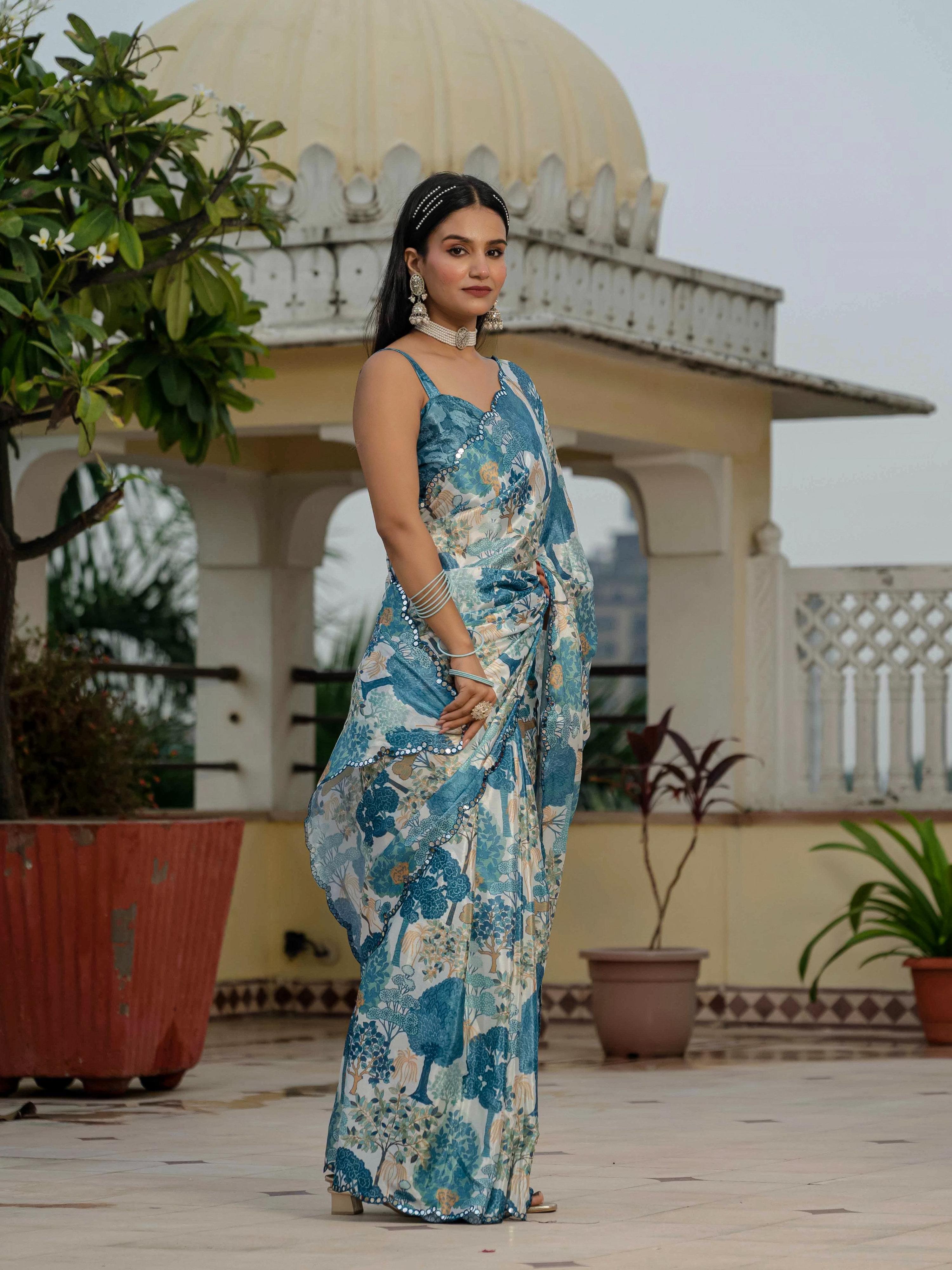Jyoti Fashion Morpich Chinon Digital Print with Mirror Saree with Blouse