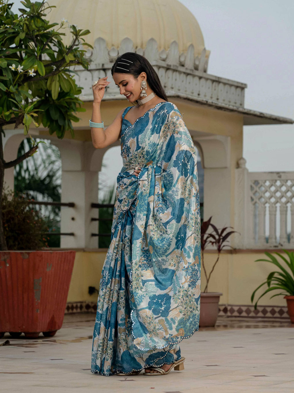 Jyoti Fashion Morpich Chinon Digital Print with Mirror Saree with Blouse